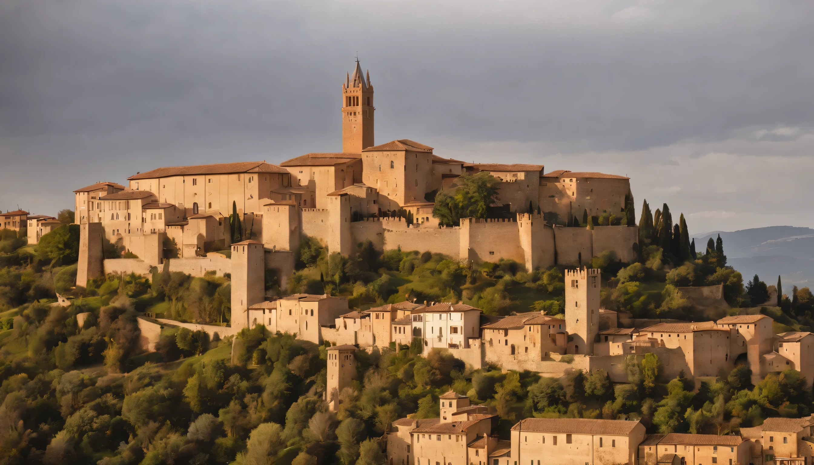 (Highly detailed CG Unity 8k wallpaper、masterpiece、highest quality、Super detailed)、(best lighting、best shadow、very delicate and beautiful)、highest quality、8k、Detailed facial depiction、masterpiece、highest quality、clear image quality、
A photo of the city of Siena and Pantalei Castle taken from the train window。