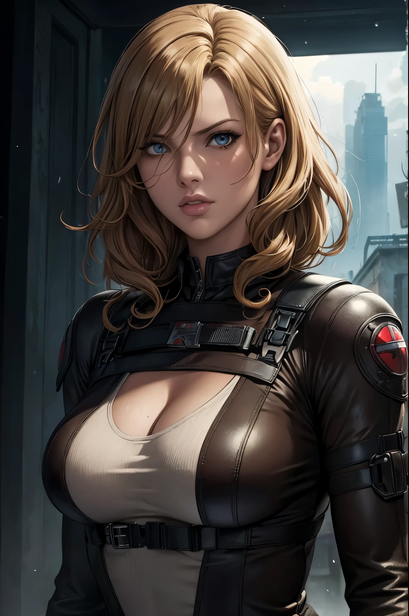 super fine illustration, ultra high resolution, masterpiece, highest quality, perfect dark skin, perfect lighting, detailed lighting, dramatic shadow, ray tracing, 1 beautiful white milf, looking at the viewer, small breasts, beautiful detailed hazel eyes, sharp face, clear eyes, long bang, ((medium curly blond hair:1.2)), ((post-apocalyptic fiction)), Upper body, battle suit, military harness, Alice Abernathy - Resident Evil Series, Milla Jovovich,