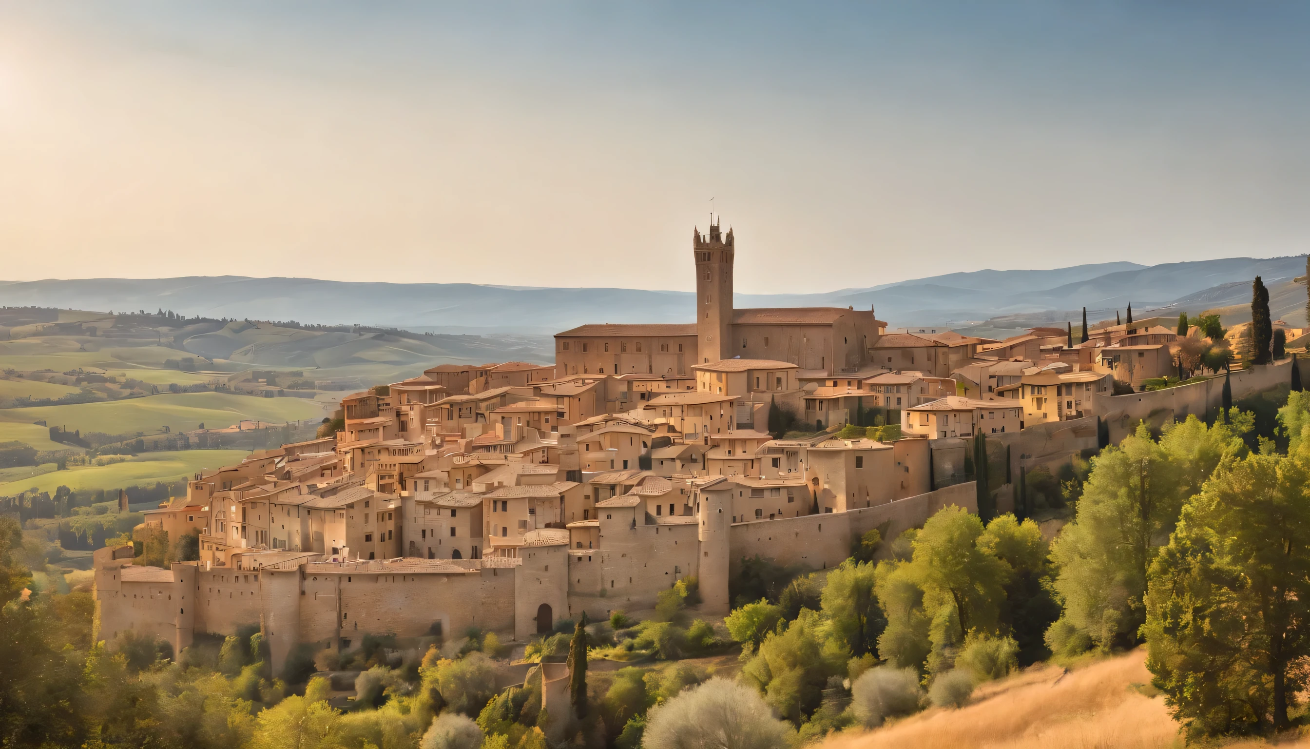(Highly detailed CG Unity 8k wallpaper、masterpiece、highest quality、Super detailed)、(best lighting、best shadow、very delicate and beautiful)、highest quality、8k、Detailed facial depiction、masterpiece、highest quality、clear image quality、
A photo of the city of Siena and Pantalei Castle taken from the train window。