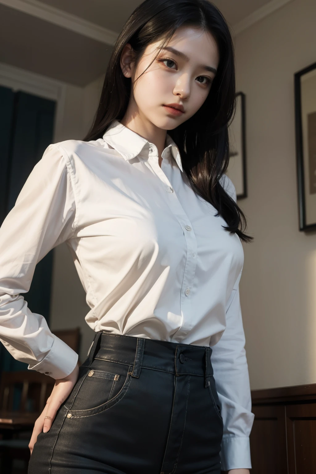 A woman in a white shirt and black pants posing for a picture - SeaArt AI