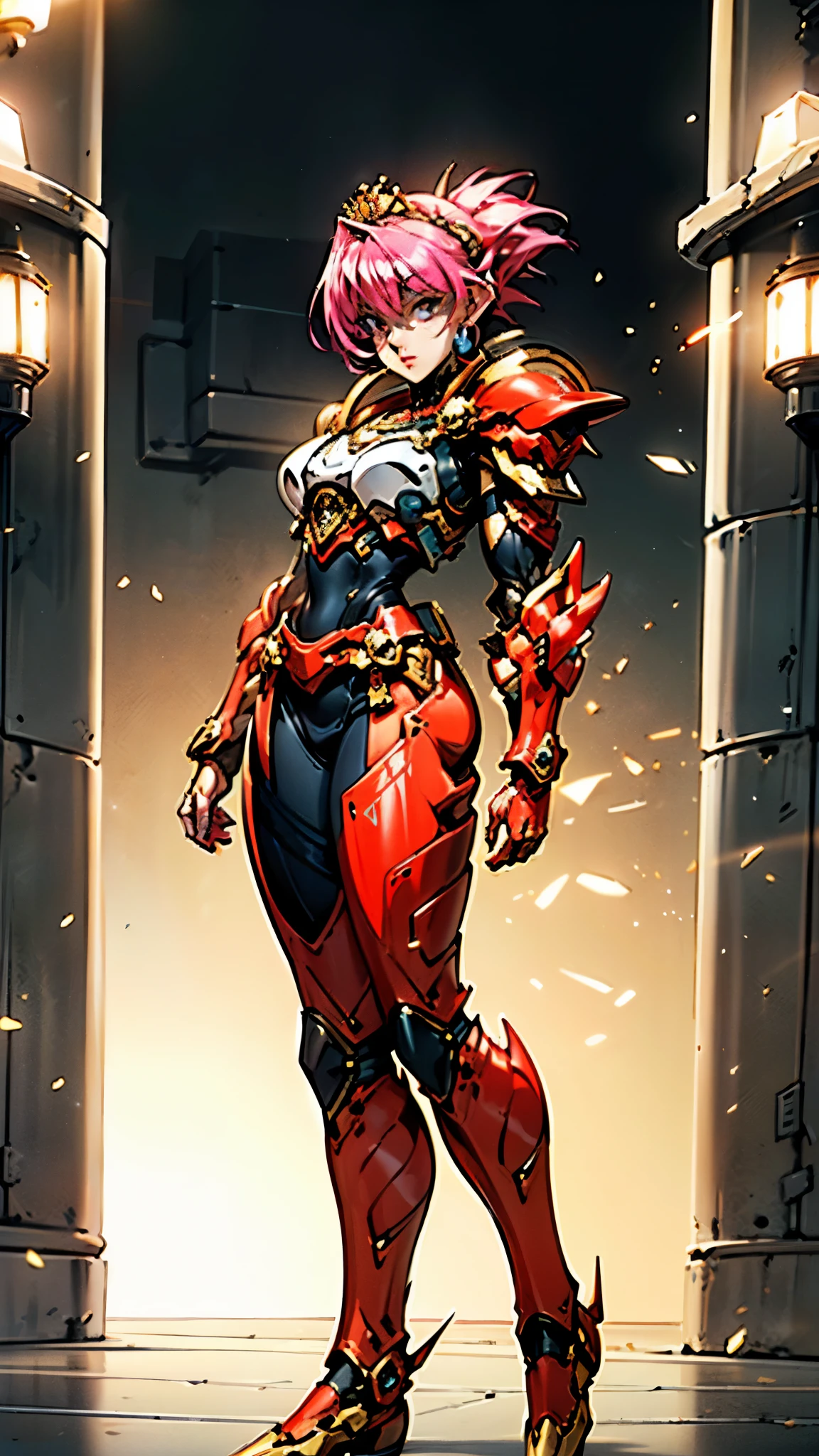 A woman adorned in fantasy-style full-body armor, a crown-concept fully enclosed helmet that unveils only her eyes, a composite layered chest plate, fully encompassing shoulder and hand guards, a lightweight waist armor, form-fitting shin guards, the overall design is heavy-duty yet flexible, ((the armor gleams with a golden glow, complemented by red and blue accents)), exhibiting a noble aura, she floats above a fantasy-surreal high-tech city, this character embodies a finely crafted fantasy-surreal style armored hero in anime style, exquisite and mature manga art style, (Queen bee mixed with Spider concept Armor, plasma, blood), ((Element, energy, elegant, goddess, femminine:1.5)), metallic, high definition, best quality, highres, ultra-detailed, ultra-fine painting, extremely delicate, professional, anatomically correct, symmetrical face, extremely detailed eyes and face, high quality eyes, creativity, RAW photo, UHD, 32k, Natural light, cinematic lighting, masterpiece-anatomy-perfect, masterpiece:1.5