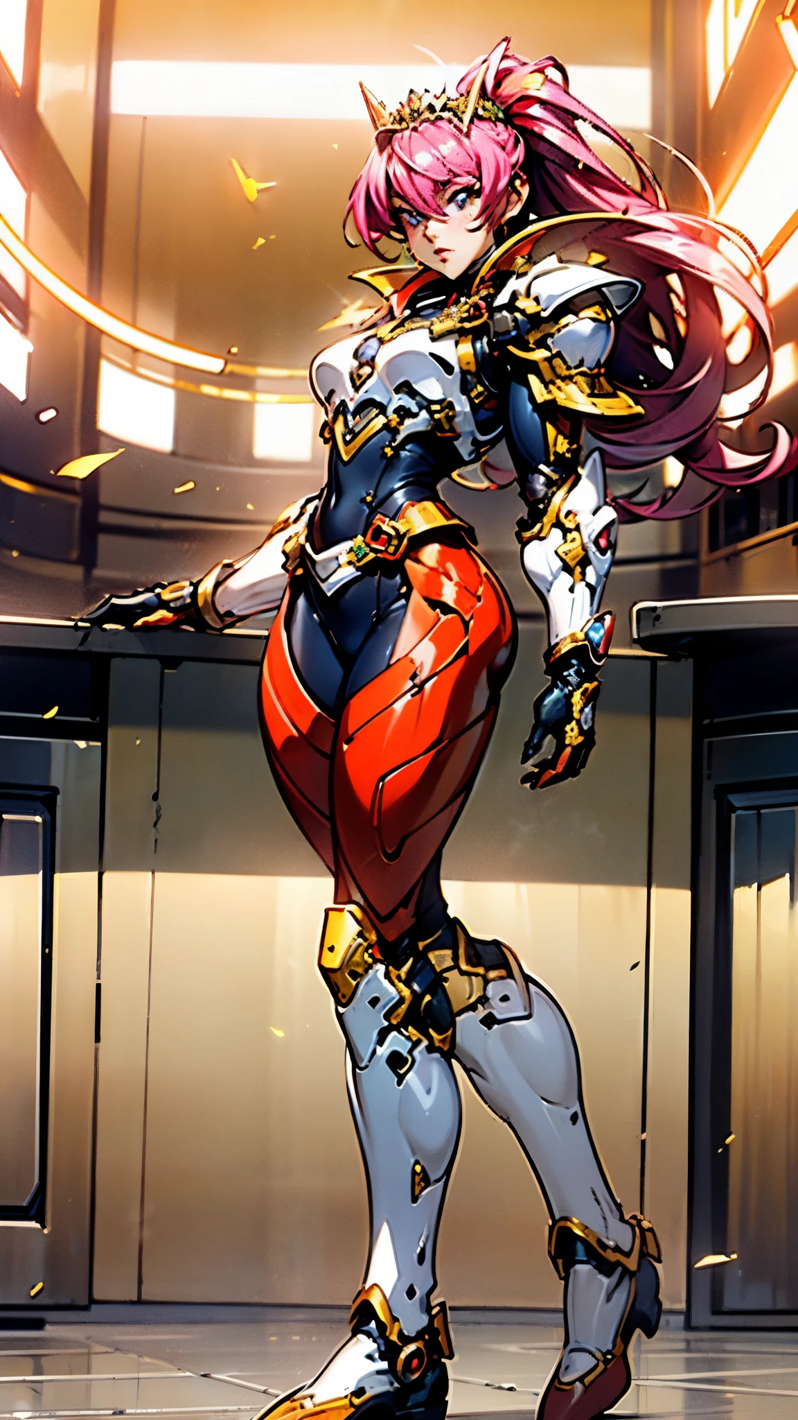 A woman adorned in fantasy-style full-body armor, a crown-concept fully enclosed helmet that unveils only her eyes, a composite layered chest plate, fully encompassing shoulder and hand guards, a lightweight waist armor, form-fitting shin guards, the overall design is heavy-duty yet flexible, ((the armor gleams with a golden glow, complemented by red and blue accents)), exhibiting a noble aura, she floats above a fantasy-surreal high-tech city, this character embodies a finely crafted fantasy-surreal style armored hero in anime style, exquisite and mature manga art style, (Queen bee mixed with Spider concept Armor, plasma, blood), ((Element, energy, elegant, goddess, femminine:1.5)), metallic, high definition, best quality, highres, ultra-detailed, ultra-fine painting, extremely delicate, professional, anatomically correct, symmetrical face, extremely detailed eyes and face, high quality eyes, creativity, RAW photo, UHD, 32k, Natural light, cinematic lighting, masterpiece-anatomy-perfect, masterpiece:1.5