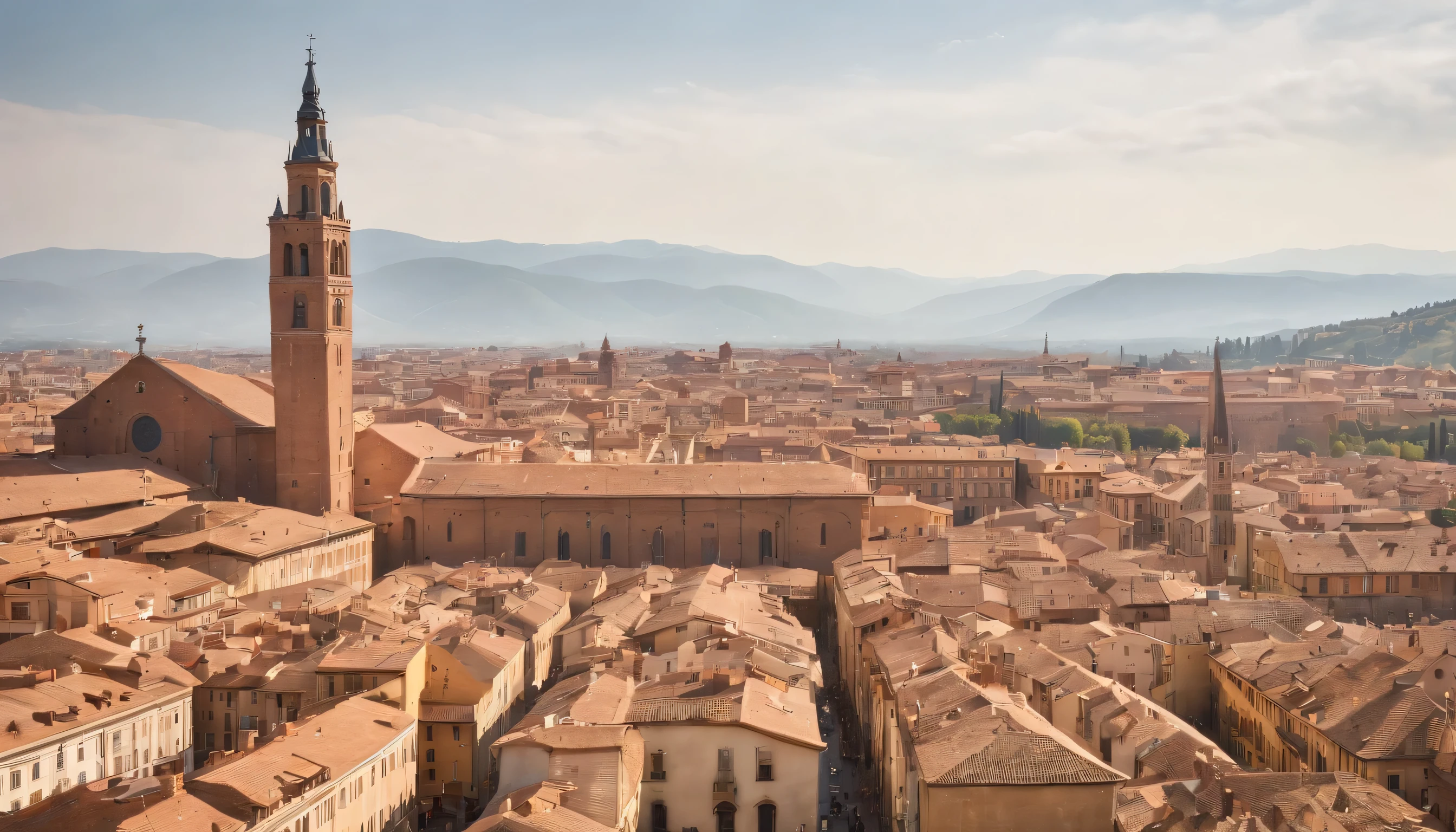 (Highly detailed CG Unity 8k wallpaper、masterpiece、highest quality、Super detailed)、(best lighting、best shadow、very delicate and beautiful)、highest quality、8k、Detailed facial depiction、masterpiece、highest quality、clear image quality、
Bologna landscape photos'The brick cityscape and Asterisk Tower seen from the train window.。
