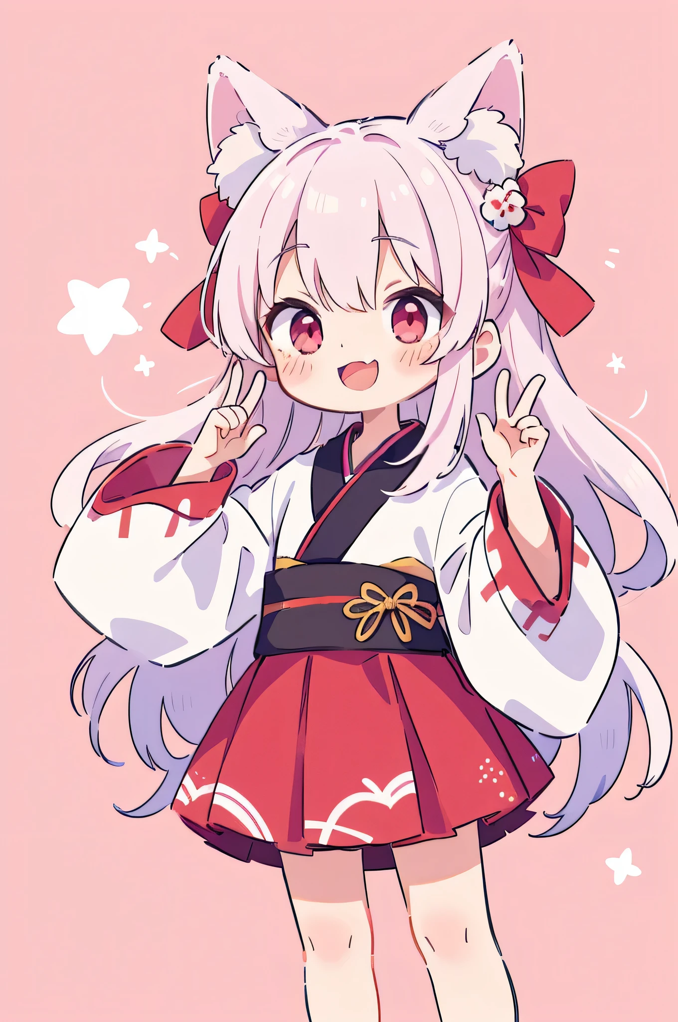 Yuka China,1 girl in,Virtual YouTuber,animal ears,Komono,alone,long hair,animal ear hair,skirt,shrine girl,Apart from,Bow sleeves,Ribbon decoration,very long hair,Bangs,Smile,Apart from skirt,kimono,wide sleeves,long sleeves,Pink background,白色kimono,Sleeves extend beyond wrist,open mouth,raise arms,Red Apart from,hair between eyes,:d,Cat ears,blush,white hair,red eyes,duotone background,pink eyes,pink hair,look up,