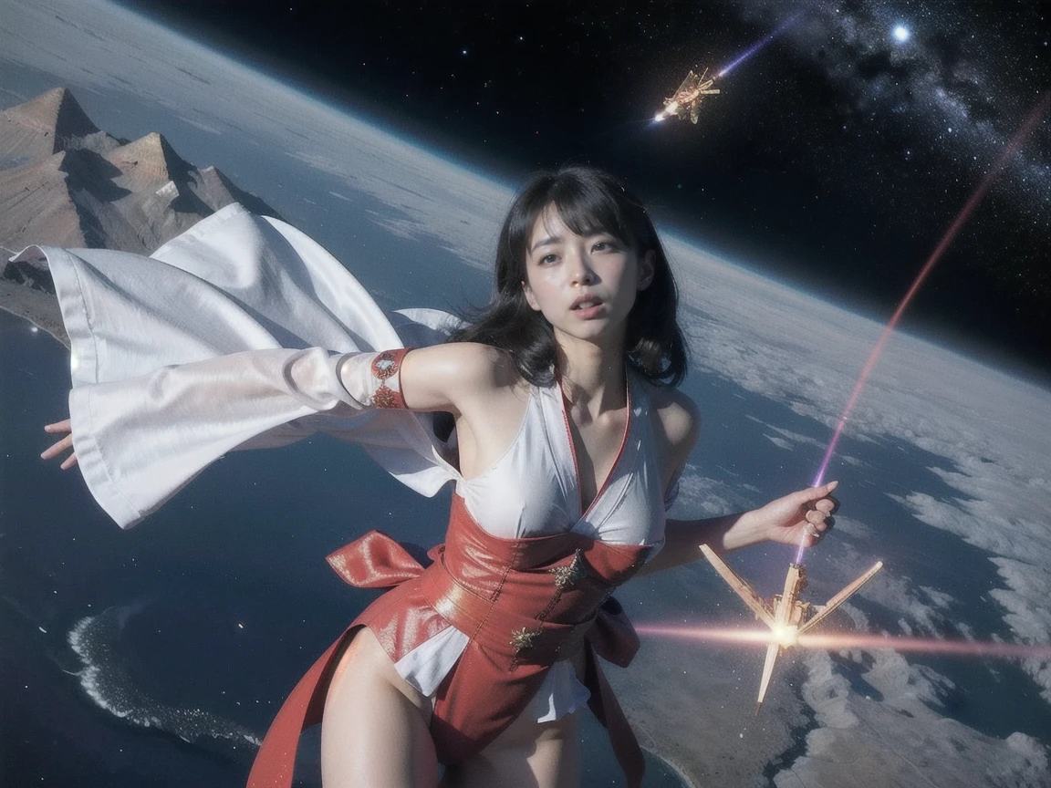 (RAW photo, highest quality), (realistic, Photoreal:1.3), 1 girl、realisticbody、old shrine maiden costume、Pyramid-shaped UFO flying from space、laser light、looking up