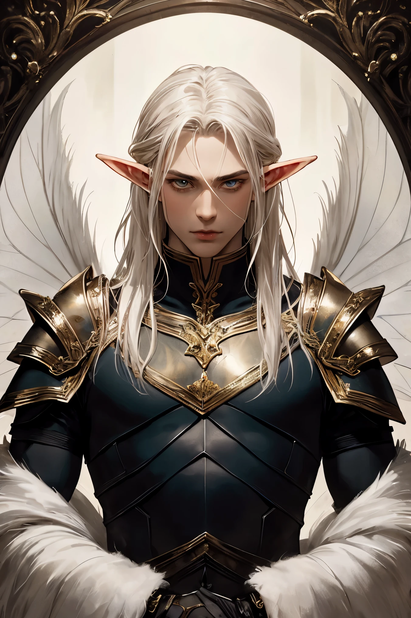 masterpiece, best quality, 1 person, (adult male),strong, alone, white hair, Keep your mouth shut, fantasy aesthetics, Very detailed, shadow poetry style, Elf costumes, (light brown skin),(Wearing white elf-style armor),elf ears, mystery, fantasy, Elf King,Long hair,handsome male,fairy ears,dark skin,beauty,Fantasy style armor,Big elf wings, beautiful eyes,Classical oil painting