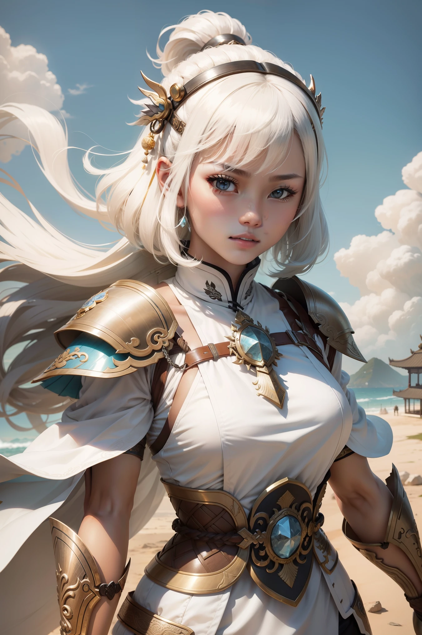 Jovem com cabelo branco curto,Coloque uma armadura de cristal,Ancient Chinese wind。