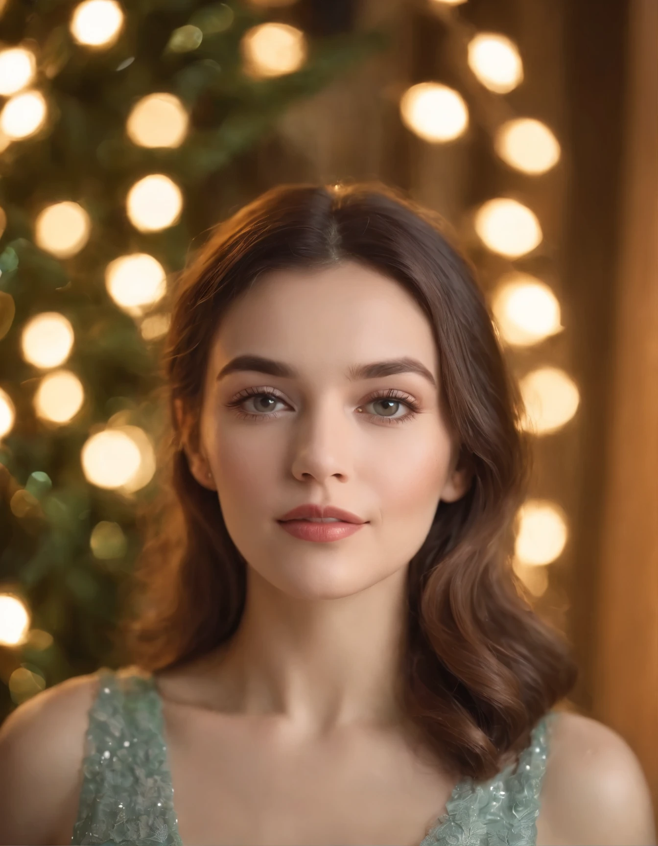 Woman, dressed in retro style, New Year's photo, Christmas decorations behind her, Holiday Lights, lanterns, background lights, Bokeh style, Mid-range shot, high quality photo, (close-up)