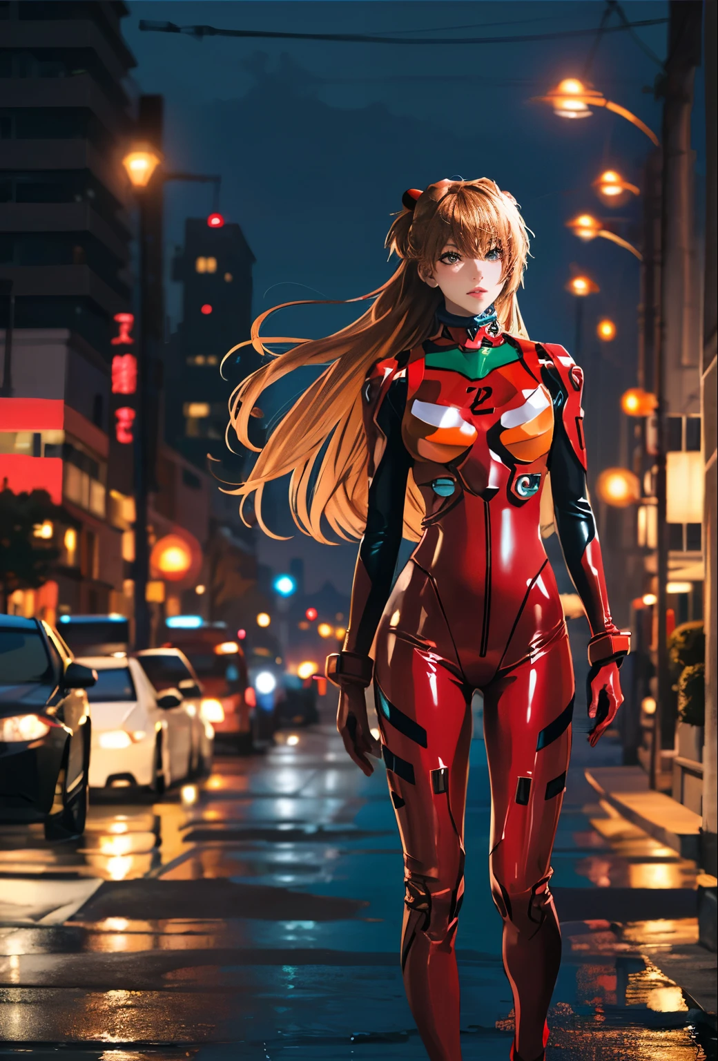 highest quality, kusubero redhead, master part, realistic, realistic, 1 girl, alone, view viewer, whole body, Are standing, long hair, asuka fantasy, , plug suit, body suit, hair ornaments, detailed background, in the street, night, light, rain,