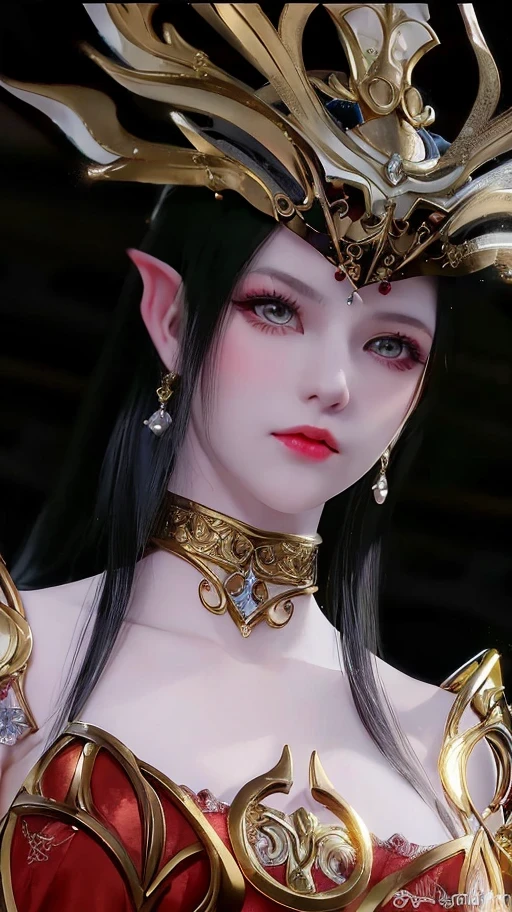 a close up of a woman in a red dress with a gold crown, a beautiful fantasy empress, ((a beautiful fantasy empress)), beautiful and elegant elf queen, portrait of an elf queen, elf queen, she has elf ears and gold eyes, side portrait of elven royalty, elven princess, elf princess, hyperdetailed fantasy character, beautiful elven princess