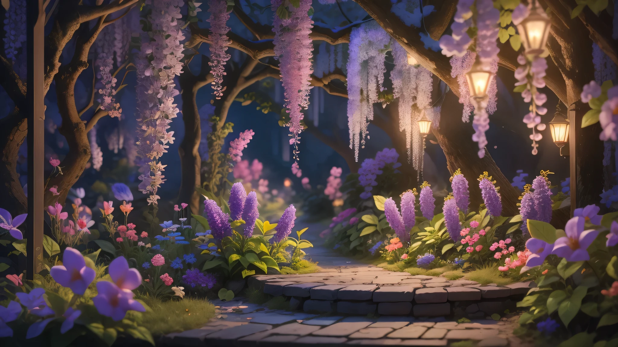 Magic garden miniature scene, Delicate flowers and branches illuminated by soft light,, Illuminated by happy smiling miniatures. 8K Autorealist,wisteria flowers