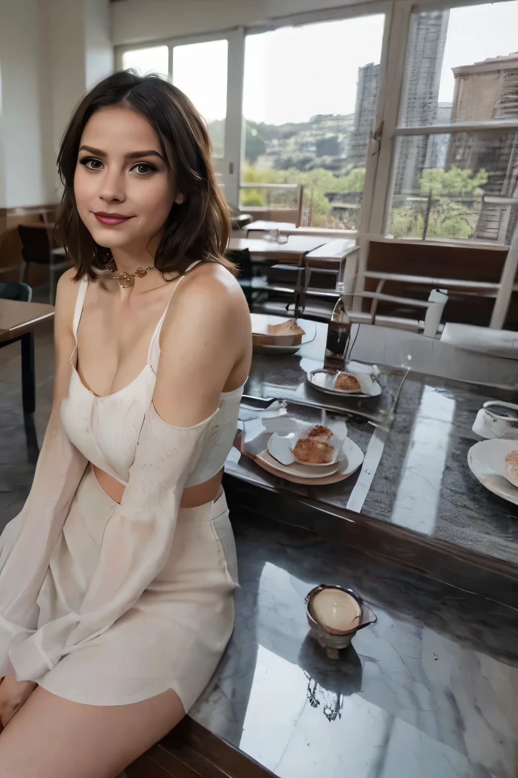 Mujer arafed sentada en una mesa con un plato de comida., isabela moner, Retrato de Sophie Mudd, short brown hair and big eyes, olivia culpo, linda mujer joven, a linda mujer joven, taken in the early 2020s, Violeta Myers, 19 year old girl, anastasia ovchinnikova