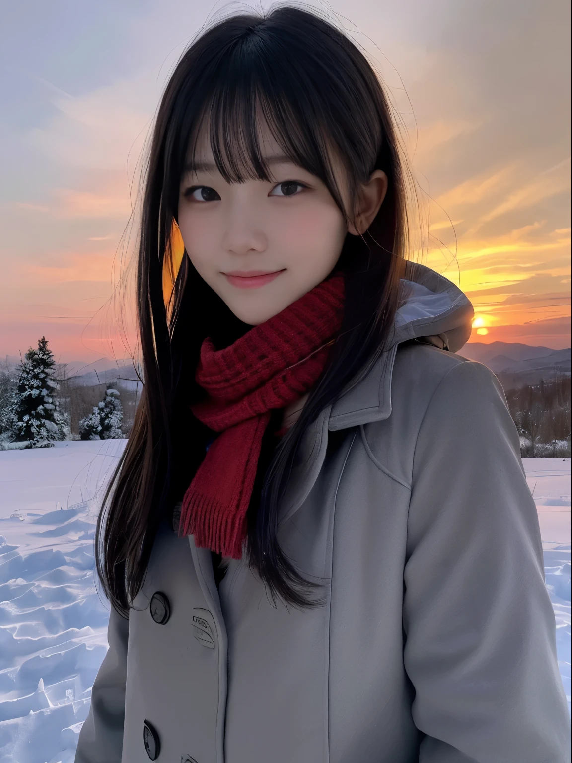 (Dressed in winter uniform with winter coat and scarf、Close up focus on the face of a slender girl with long hair with blunt bangs :1.5)、smiling girl:1.5)、Scarf、light shines on your face、(Girl's hair fluttering in the wind:1.5)、(Beautiful snowy sunset red sky:1.5)、(no mask:1.3)、(full finger:1.3)、realistic、High resolution, delicate and beautiful、perfect face、detailed and beautiful eyes、Fair skin、real human skin、pores、((thin legs))、(black hair)、Stylish and beautiful legs