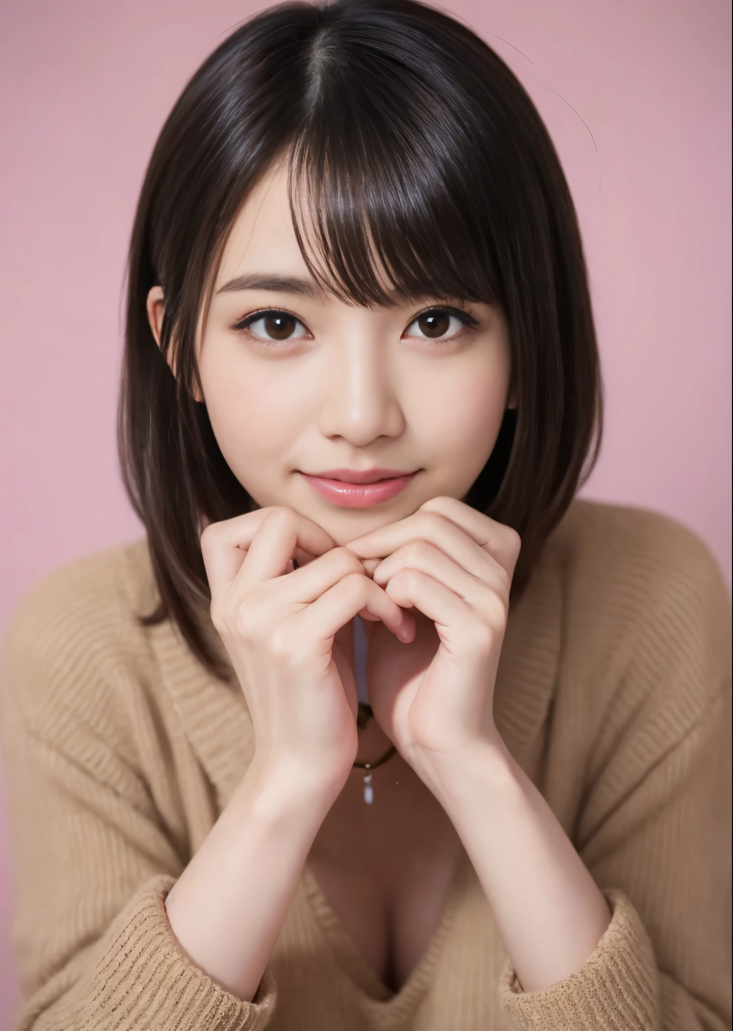 smile,((NSFW)),(camel toe),(best quality:1.2), Female dog,(female organ:1.1),8K, Raw photo, (brown eyes :1.1), Full body Esbian,beautiful sexual woman, best quality, Raw photo, incredibly stupid,Pretty face, face light, dynamic lighting, cinematic lighting, best details, very detailed, Super detailed, fine details, very detailedな目と顔、baggy sweater、choker、spring、pink background