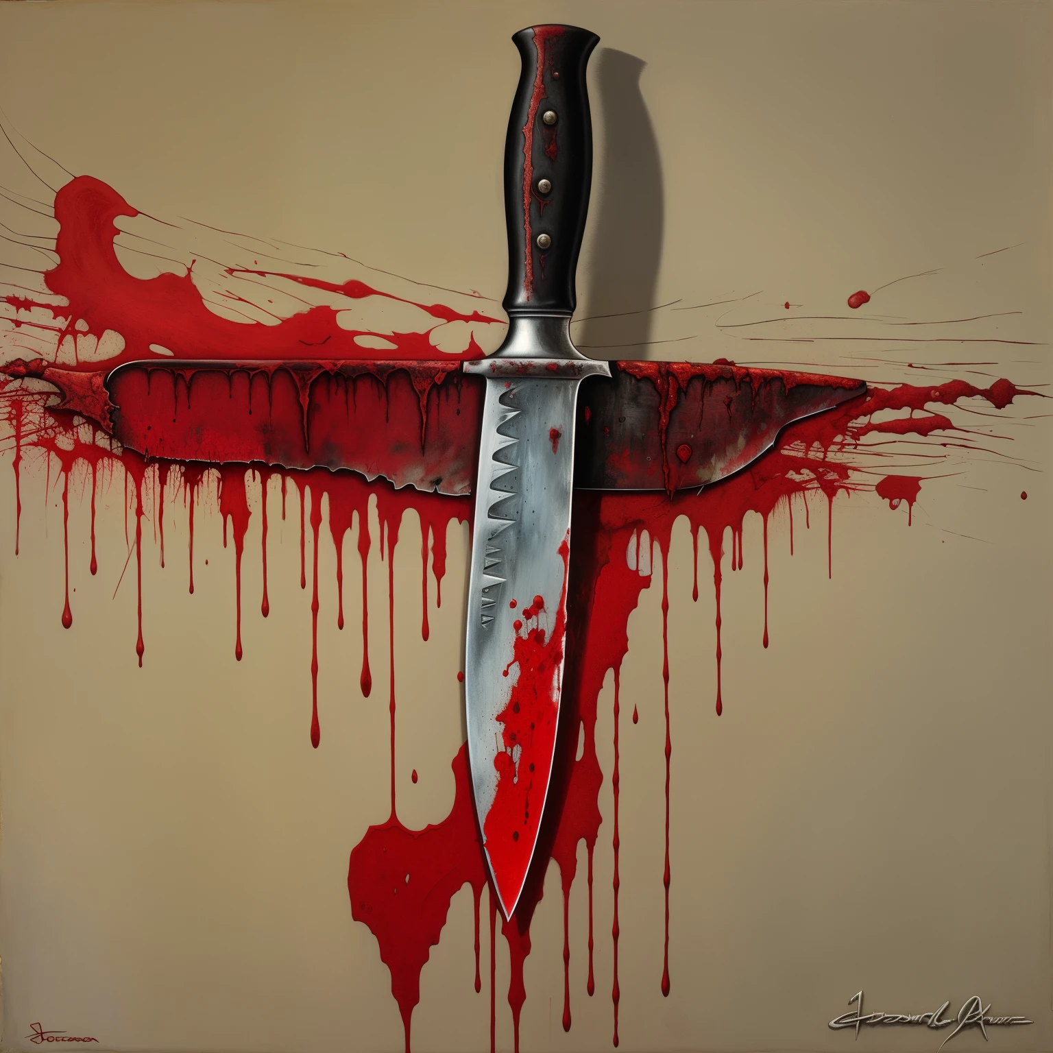 painting of a knife with blood dripping down it on a wall, bloody knife, knife, saturno butto, bloody knife in right hand, saturno butto. occult art, stefan koidl, stab wound, cleaver, serial killer, ( ( ( horror art ) ) ), by joseph binder, jim warren, ???????? blood, bleeding, sebastian kruger