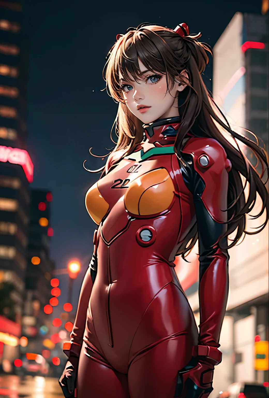 highest quality, kusubero redhead, master part, realistic, realistic, 1 girl, alone, view viewer, whole body, Are standing, long hair, asuka fantasy, , plug suit, body suit, hair ornaments, detailed background, in the street, night, light, rain,