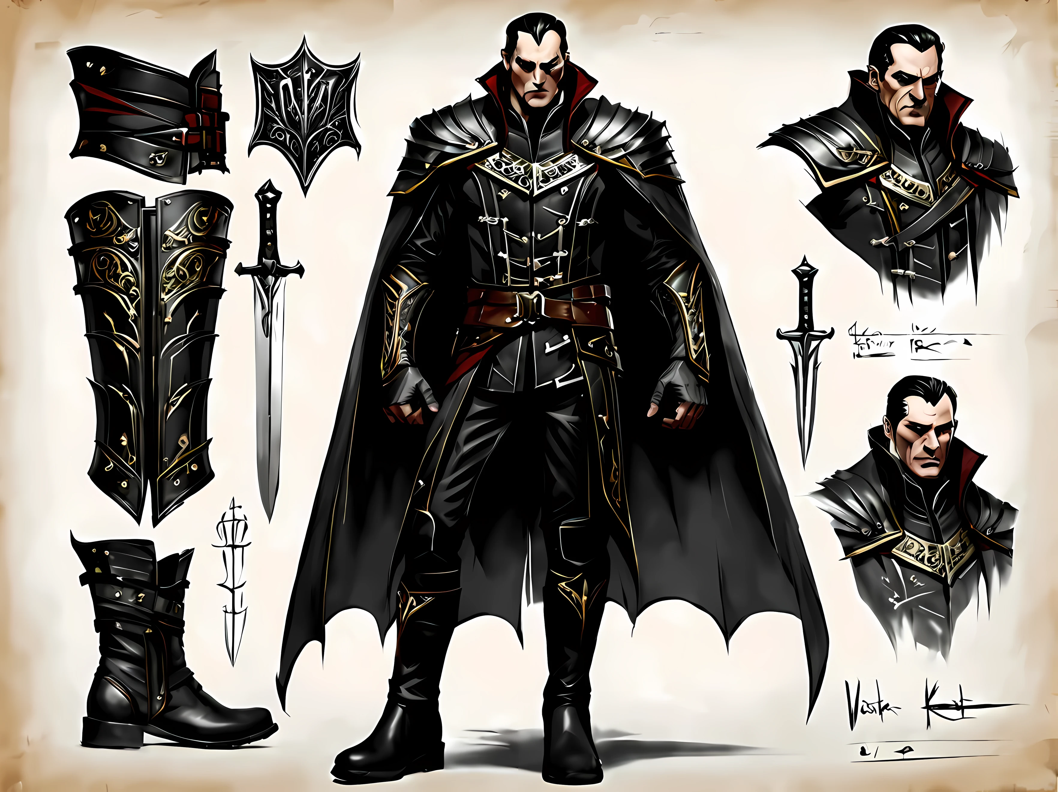 sketch_sheet, front view of menacing Viktor, a formidable vampire warrior with a commanding presence, standing confidently with his arms slightly outstretched, holding a sharp blade, sharp fangs, wearing a sleek and tailored leather coat with intricate silver embroidery along the edges, a form-fitting vest, fitted dark trousers tucked into knee-high leather boots, a belt, his forearms are adorned with leather gauntlets, golden ration, sharp focus, dynamic, cinematic, magical, masterpiece in maximum 16K resolution, superb quality. | ((More_Detail))