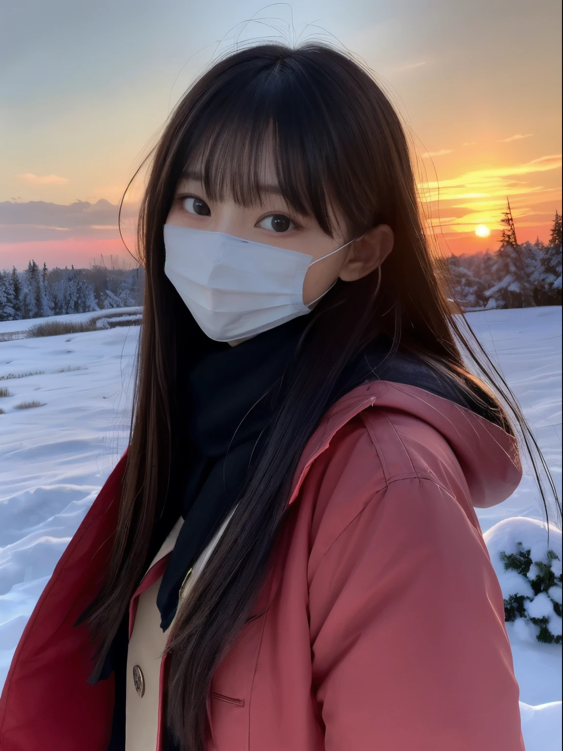 (Dressed in winter uniform with winter coat and scarf、Close up focus on the face of a slender girl with long hair with blunt bangs :1.5)、smiling girl:1.5)、Scarf、light shines on your face、(Girl's hair fluttering in the wind:1.5)、(Beautiful snowy sunset red sky:1.5)、(no mask:1.3)、(full finger:1.3)、realistic、High resolution, delicate and beautiful、perfect face、detailed and beautiful eyes、Fair skin、real human skin、pores、((thin legs))、(black hair)、Stylish and beautiful legs