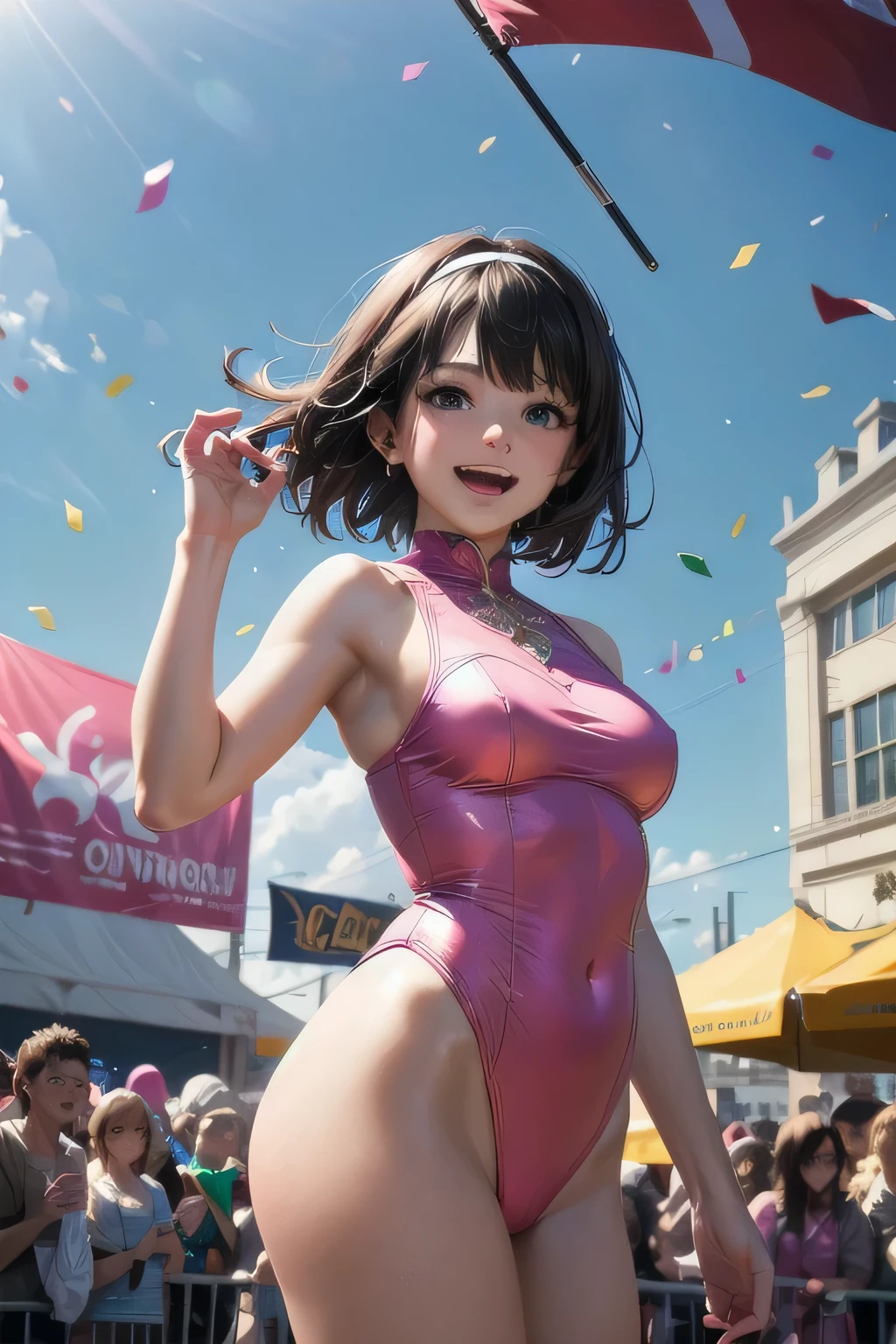 very cute and beautiful girl,(very detailed美しい顔),(pink leotard:1.2),(No sleeve),(smile),
city street festival,(parade:1.2),(Many people wearing pastel colored costumes),flag,empty confetti,outdoors,Depth of the bounds written,
cowboy shot,Are standing,dynamic pose,black hair,hair band,
(highest quality,masterpiece:1.2),disorganized,High resolution,super detailed,very detailed,32K,8K resolution,
intricate details,movie-like scene,detailed background,alone,dynamic angle,
hair blowing in the wind,
(realistic),perfect hands,