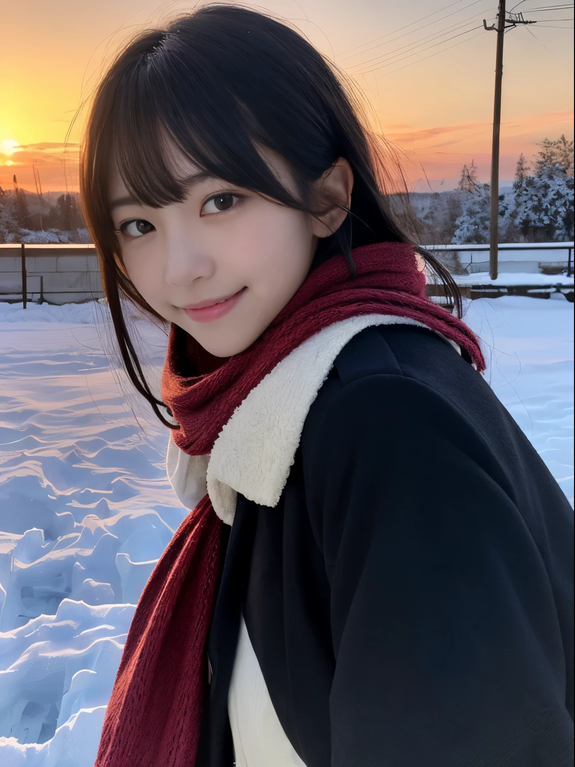 (Dressed in winter uniform with winter coat and scarf、Close up focus on the face of a slender girl with long hair with blunt bangs :1.5)、smiling girl:1.5)、Scarf、light shines on your face、(Girl's hair fluttering in the wind:1.5)、(Beautiful snowy sunset red sky:1.5)、(no mask:1.3)、(full finger:1.3)、realistic、High resolution, delicate and beautiful、perfect face、detailed and beautiful eyes、Fair skin、real human skin、pores、((thin legs))、(black hair)、Stylish and beautiful legs