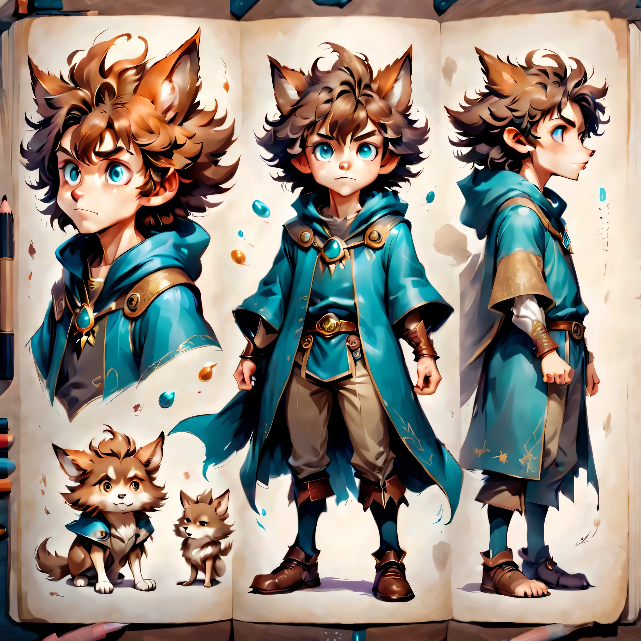 Create an original character design sheet,anime main character,boy,wizard,natural perm,my partner is a wolf,((3 views,whole body, background,multiple views,High resolution)),be familiar with,multiple views,Active,action pose,dynamic,nice,cute,masterpiece,highest quality,In detail,gracefully,sketch,sketch,ラフsketch,propose