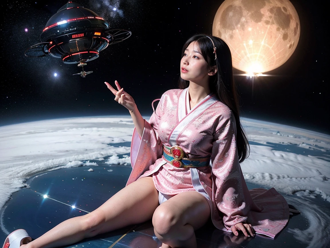 (RAW photo, highest quality), (realistic, Photoreal:1.3), 1 girl、realisticbody、old shrine maiden costume、Pyramid-shaped UFO flying from space、laser light、looking up