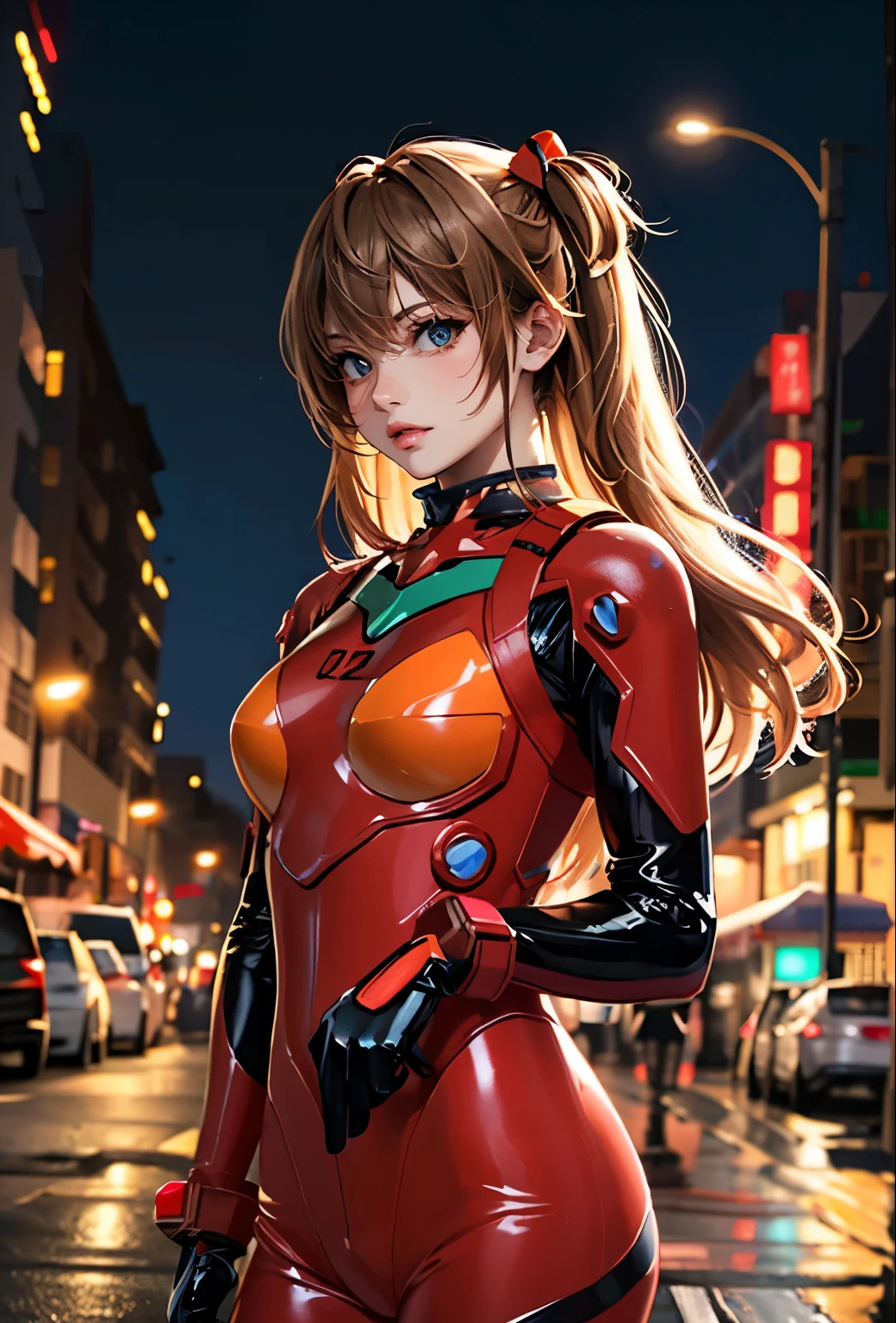 highest quality, kusubero redhead, master part, realistic, realistic, 1 girl, alone, view viewer, whole body, Are standing, long hair, asuka fantasy, , plug suit, body suit, hair ornaments, detailed background, in the street, night, light, rain,