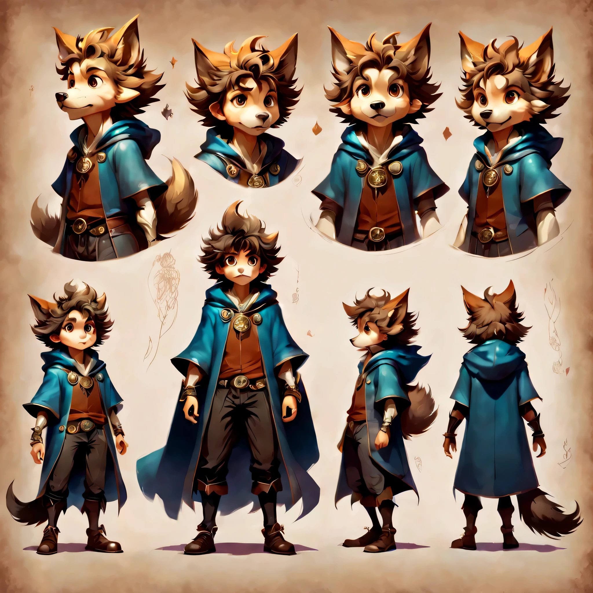 Create an original character design sheet,anime main character,boy,wizard,natural perm,my partner is a wolf,((3 views,whole body, background,multiple views,High resolution)),be familiar with,multiple views,Active,action pose,dynamic,nice,cute,masterpiece,highest quality,In detail,gracefully,sketch,sketch,ラフsketch,propose