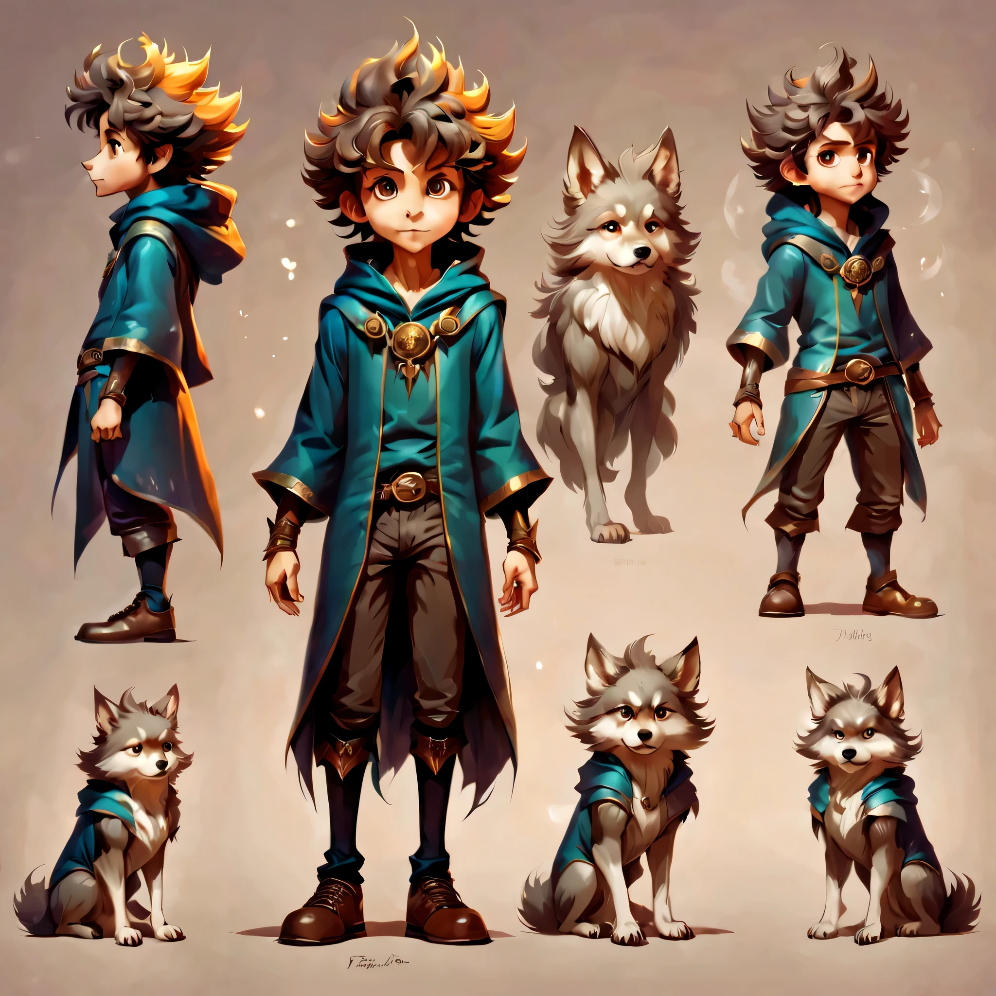 Create an original character design sheet,anime main character,boy,wizard,natural perm,my partner is a wolf,((3 views,whole body, background,multiple views,High resolution)),be familiar with,multiple views,Active,action pose,dynamic,nice,cute,masterpiece,highest quality,In detail,gracefully,sketch,sketch,ラフsketch,propose