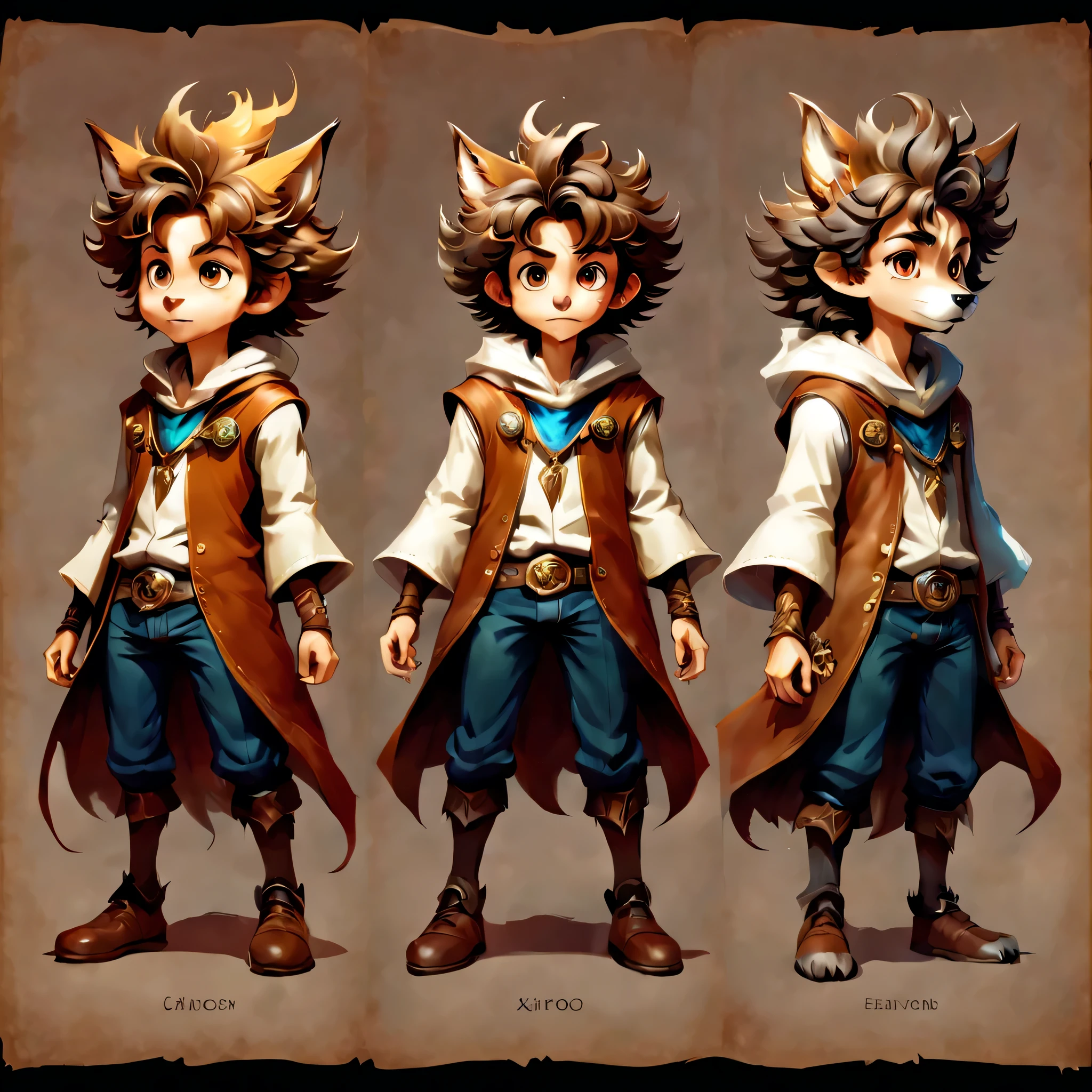 Create an original character design sheet,anime main character,boy,wizard,natural perm,my partner is a wolf,((3 views,whole body, background,multiple views,High resolution)),be familiar with,multiple views,Active,action pose,dynamic,nice,cute,masterpiece,highest quality,In detail,gracefully,sketch,sketch,ラフsketch,propose