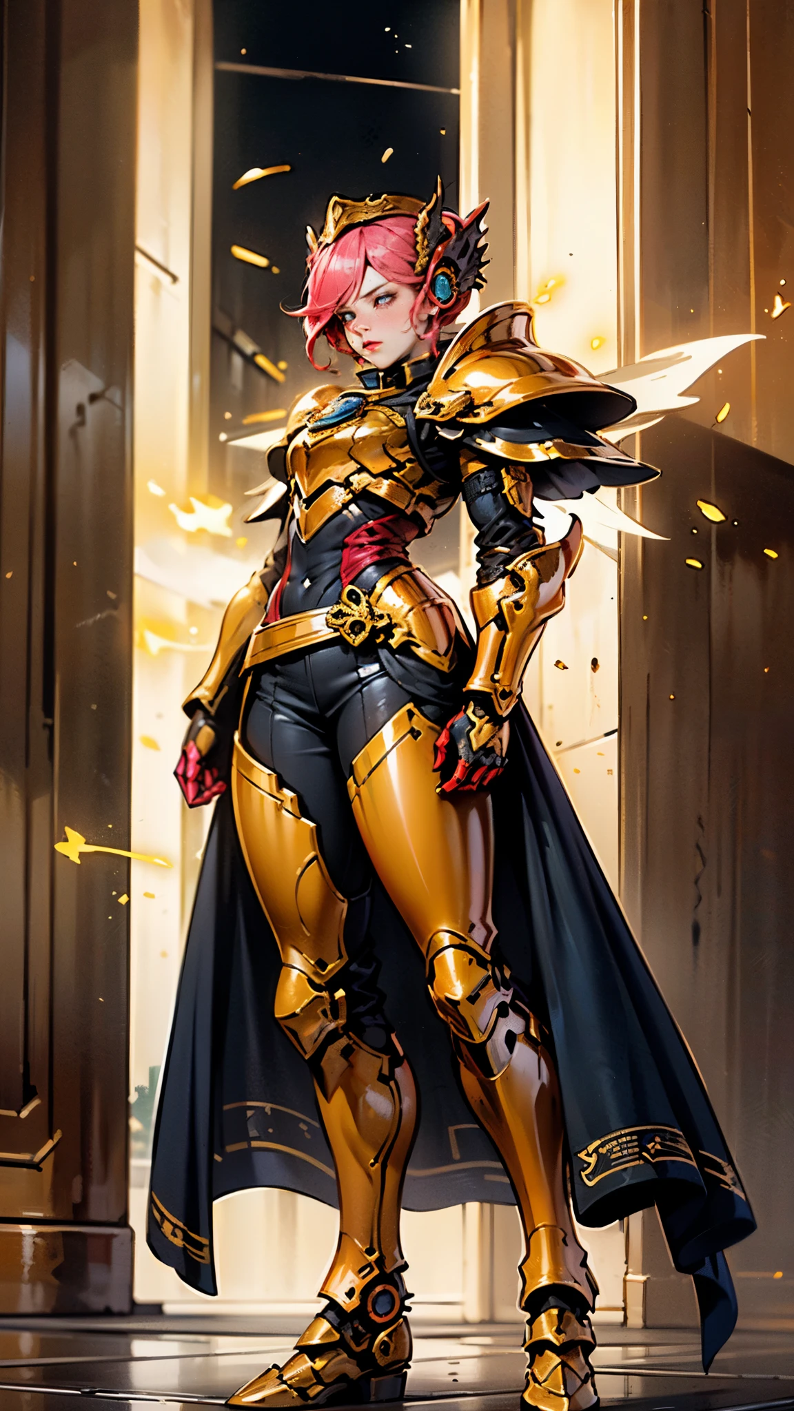 A woman adorned in fantasy-style full-body armor, a crown-concept fully enclosed helmet that unveils only her eyes, a composite layered chest plate, fully encompassing shoulder and hand guards, a lightweight waist armor, form-fitting shin guards, the overall design is heavy-duty yet flexible, ((the armor gleams with a golden glow, complemented by red and blue accents)), exhibiting a noble aura, she floats above a fantasy-surreal high-tech city, this character embodies a finely crafted fantasy-surreal style armored hero in anime style, exquisite and mature manga art style, (Queen bee mixed with Spider concept Armor, plasma, blood), ((Element, energy, elegant, goddess, femminine:1.5)), metallic, high definition, best quality, highres, ultra-detailed, ultra-fine painting, extremely delicate, professional, anatomically correct, symmetrical face, extremely detailed eyes and face, high quality eyes, creativity, RAW photo, UHD, 32k, Natural light, cinematic lighting, masterpiece-anatomy-perfect, masterpiece:1.5