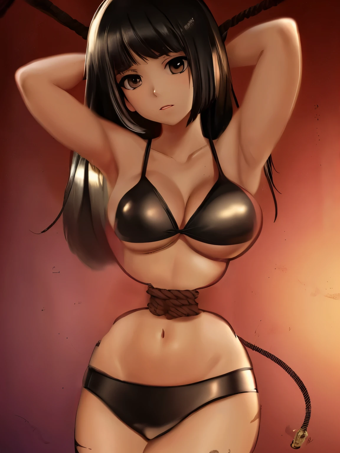 ((masterpiece)), ((highest quality)), (super detailed), torture room,(((rope strongly spueezing her waist))),pretty girl, 1 girl, alone,black bikini,beautiful black hair, (beautiful black eyes), long hair, expression of agony