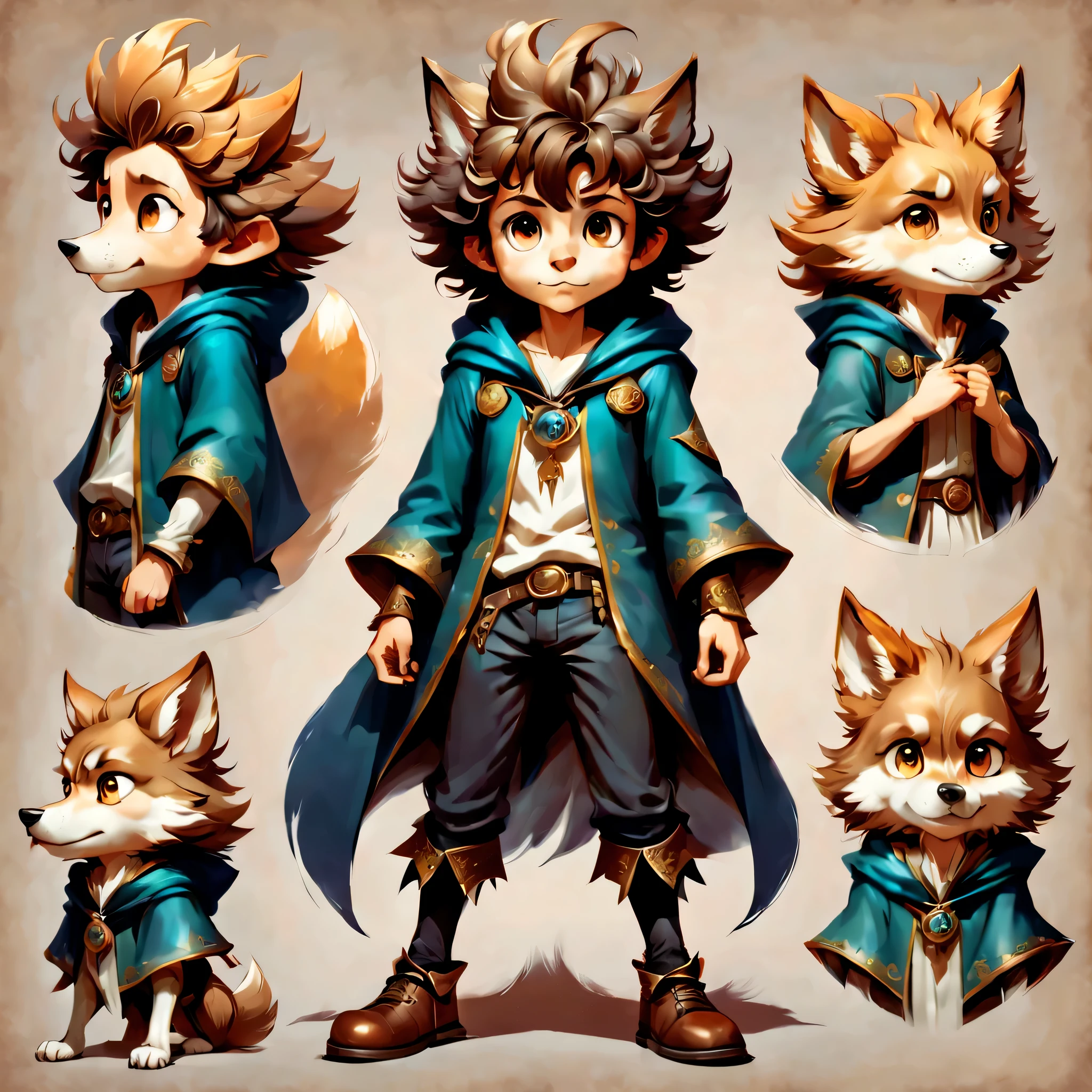 Create an original character design sheet,anime main character,boy,wizard,natural perm,my partner is a wolf,((3 views,whole body, background,multiple views,High resolution)),be familiar with,multiple views,Active,action pose,dynamic,nice,cute,masterpiece,highest quality,In detail,gracefully,sketch,sketch,ラフsketch,propose