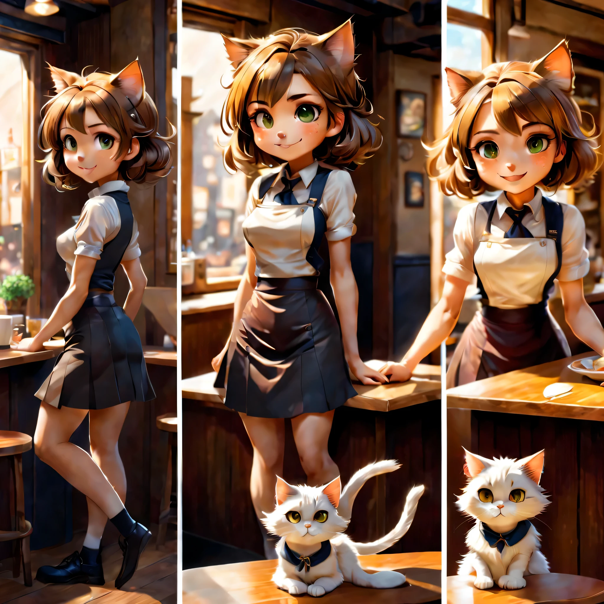 Create an original character design sheet,anime main character,girl,cafe clerk,my partner is a cat,((3 views,whole body, background,multiple views,High resolution)),be familiar with,multiple views,Active,action pose,dynamic,nice,cute,masterpiece,highest quality,In detail,gracefully,sketch,sketch,ラフsketch,propose