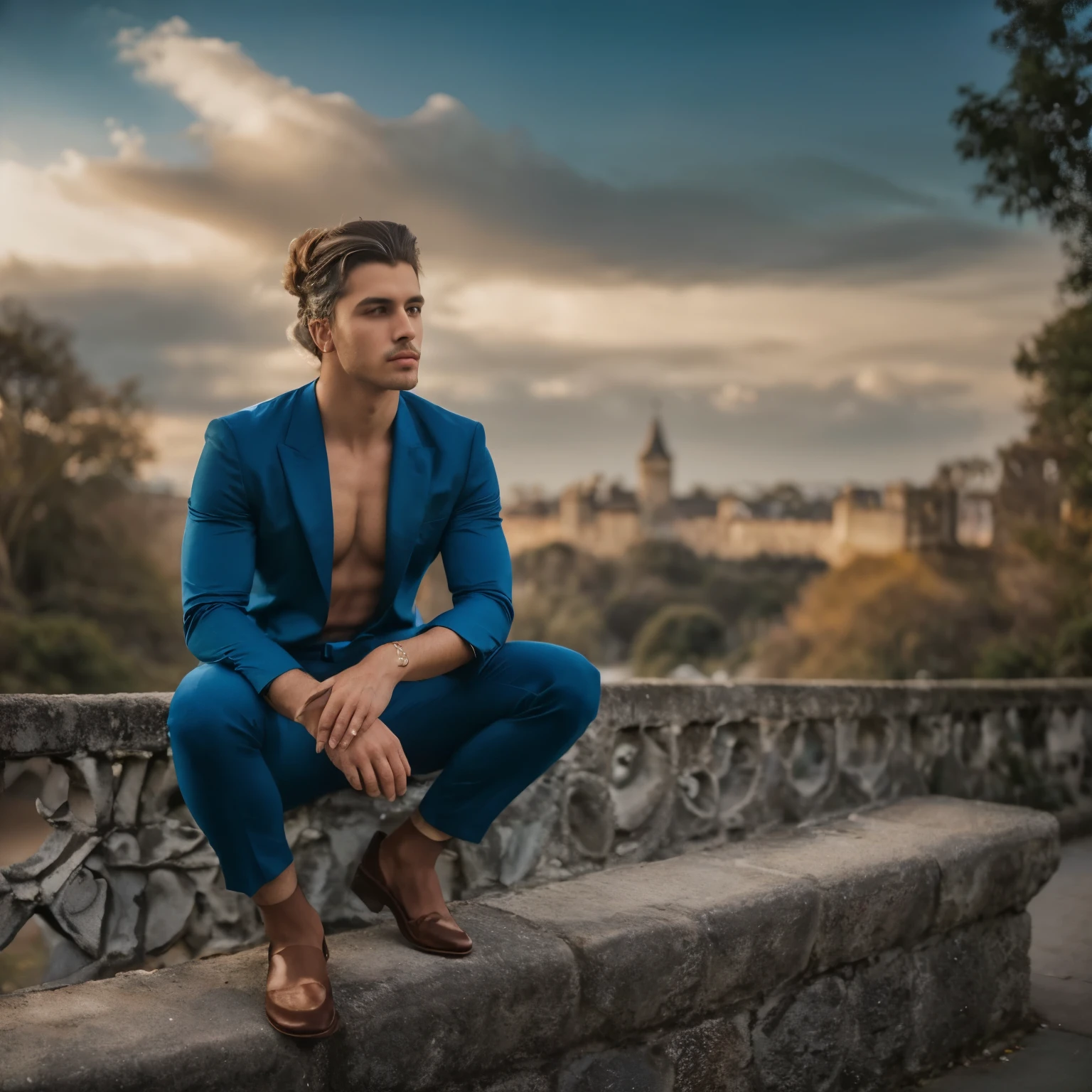 homem arafiado de terno azul sentado em um banco em frente a um castelo, high - end fashion photo shoot, Fotografia de modelo de moda, vestido de azul, fotografia de modelo profissional, fotografia de modelagem, Modelo masculino, inspirado em Maximiliano Cercha, pose elegante deslumbrante, fotografia de moda completa, Fotografia editorial de moda, fotografia editorial de moda, retrato de fotografia de moda, fashion photo shoot,1,70 metro de altura e em forma, (29 anos:1.1), (barba curta:1.2), (cabelo castanho curto :1.5),(cabelo muito curto:1.6). in the style of ethereal beauty, Realistic blue sky, hasselblad 1600f, retrato hiperrealista, Cores brilhantes, Dynamic lines, 8k