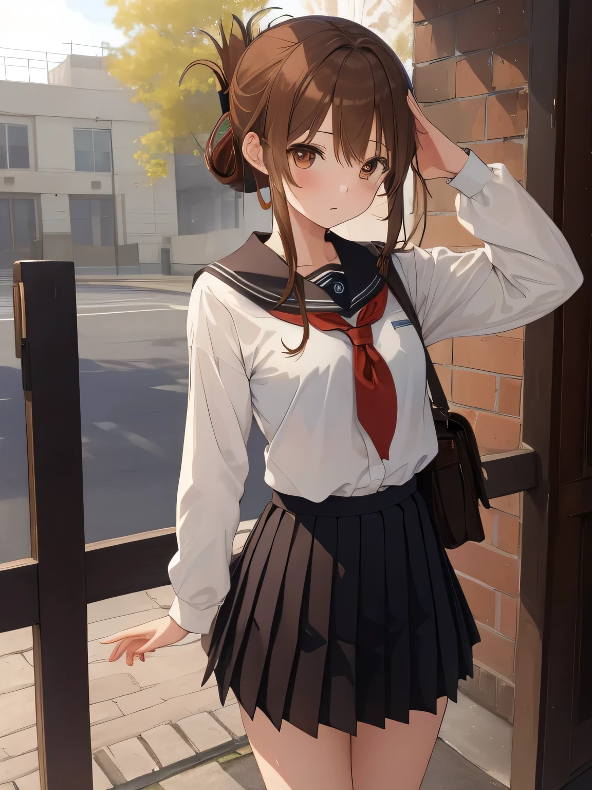 (masterpiece, highest quality:1.2),shape,8k,hd,1 girl,alone,Brown_hair,folded_ponytail,Brown_eye,serafuku,length_hair,School_uniform,skirt,pleats_skirt,Are standing、facing forward、(salute with right hand)、