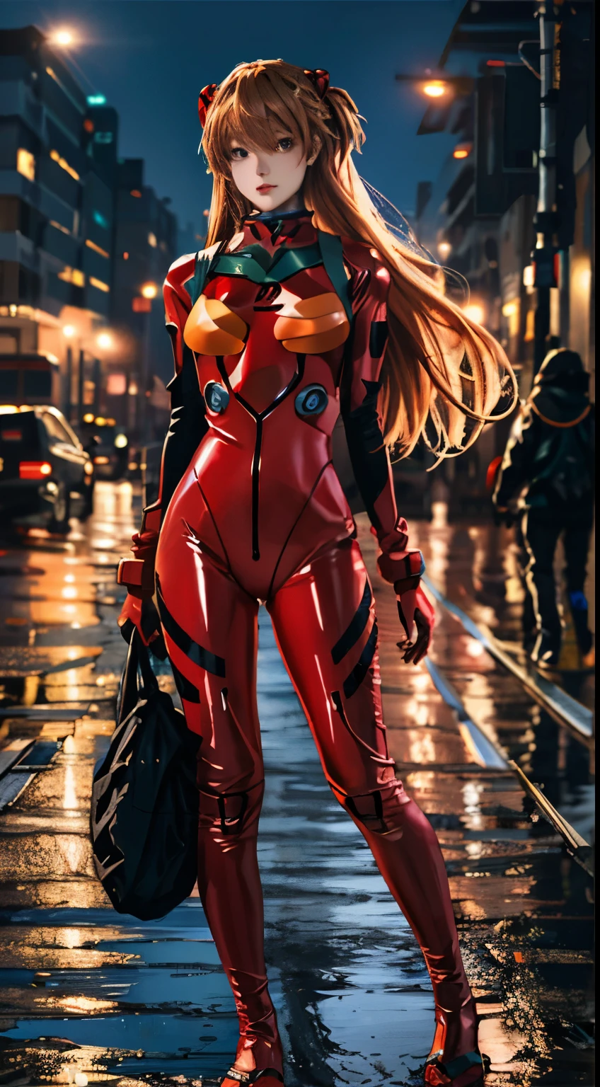 highest quality, kusubero redhead, master part, realistic, realistic, 1 girl, alone, view viewer, whole body, Are standing, long hair, asuka fantasy, , plug suit, body suit, hair ornaments, detailed background, in the street, night, light, rain,