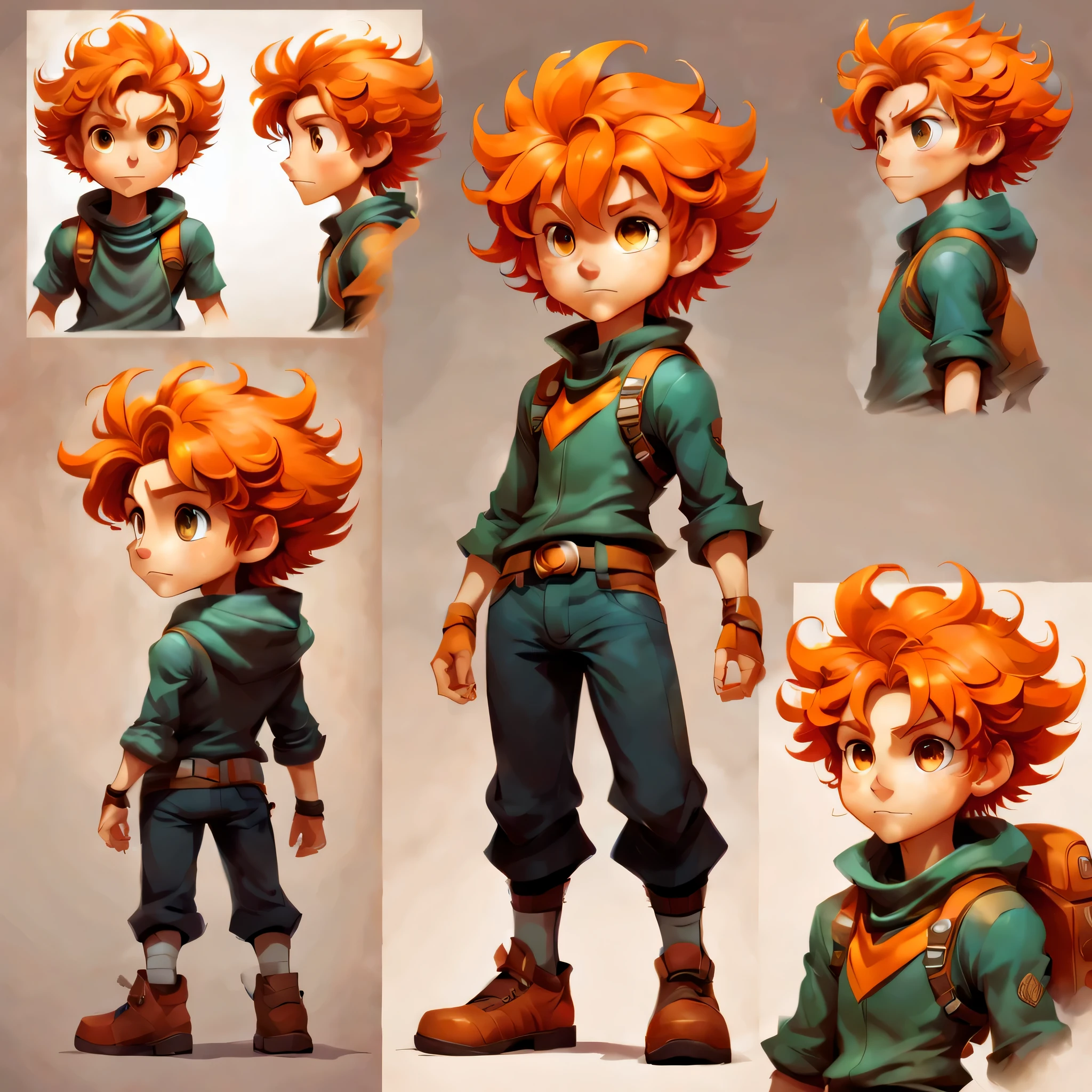 Create an original character design sheet,anime main character,boy,adventurer,natural perm,orange hair,((3 views,whole body, background,multiple views,High resolution)),be familiar with,multiple views,Active,action pose,dynamic,nice,cute,masterpiece,highest quality,In detail,gracefully,sketch,sketch,ラフsketch,propose