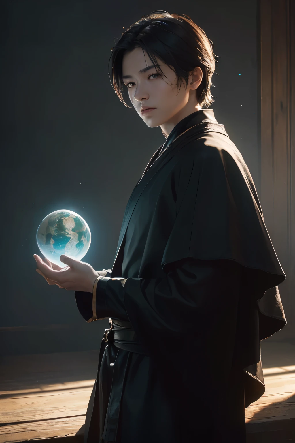 (Masterpiece, best quality, top quality, hd quality, hyperrealism:1.2, RAW, high resolution, HDR, 8k, a titan Kubo-style image of 1boy, solo, clad in black robe, holding a miniature universe in hand, exhibit fantastical quality, digital art, rendered using Unreal Engine 5, intricately detailed textures, lifelike shading, stunningly realistic reflections, dynamic lighting, surreal and captivating world, masterful composition, cinematic depth, outstanding graphics, detailed shadowing, beautifully rendered background, vivid colors, meticulously crafted, seamlessly blends reality and fantasy,