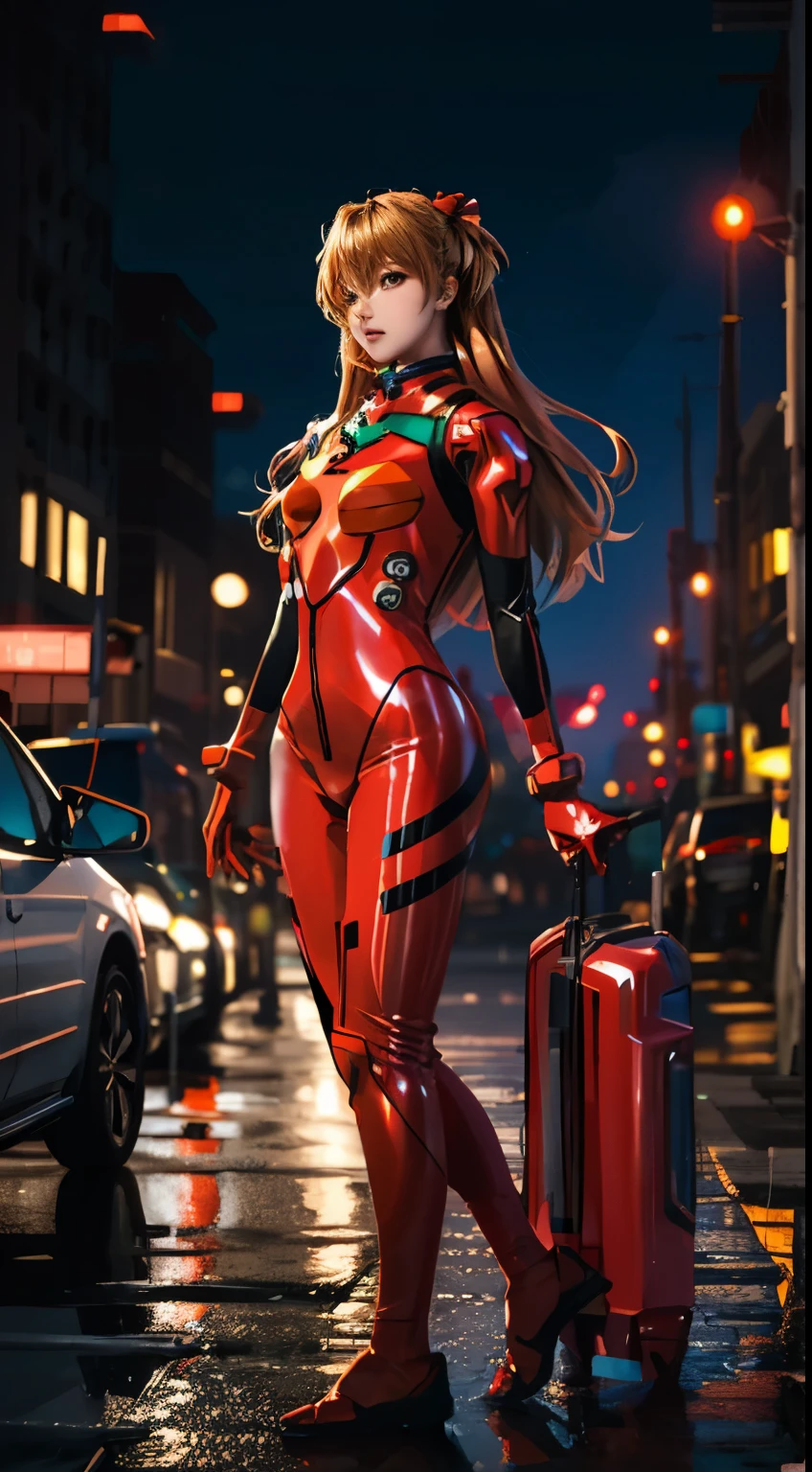 highest quality, kusubero redhead, master part, realistic, realistic, 1 girl, alone, view viewer, whole body, Are standing, long hair, asuka fantasy, , plug suit, body suit, hair ornaments, detailed background, in the street, night, light, rain,