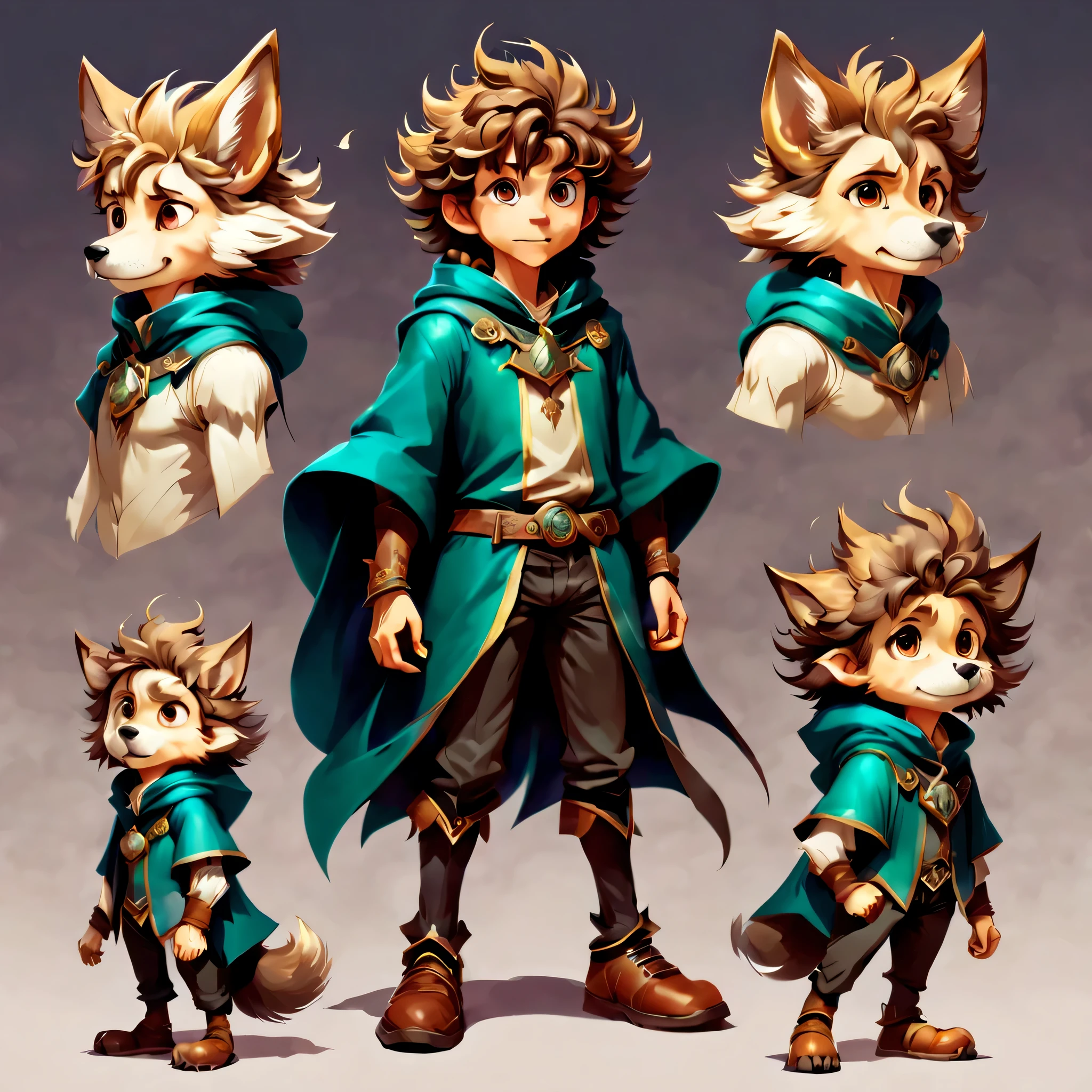 Create an original character design sheet,anime main character,boy,wizard,natural perm,my partner is a wolf,((3 views,whole body, background,multiple views,High resolution)),be familiar with,multiple views,Active,action pose,dynamic,nice,cute,masterpiece,highest quality,In detail,gracefully,sketch,sketch,ラフsketch,propose