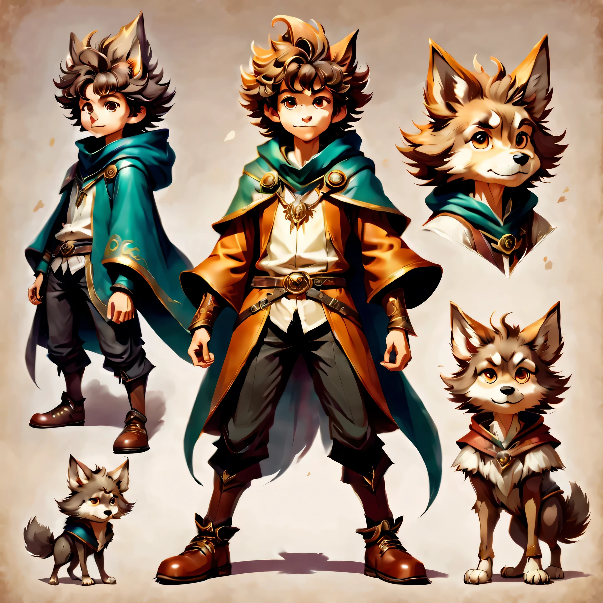 Create an original character design sheet,anime main character,boy,wizard,natural perm,my partner is a wolf,((3 views,whole body, background,multiple views,High resolution)),be familiar with,multiple views,Active,action pose,dynamic,nice,cute,masterpiece,highest quality,In detail,gracefully,sketch,sketch,ラフsketch,propose