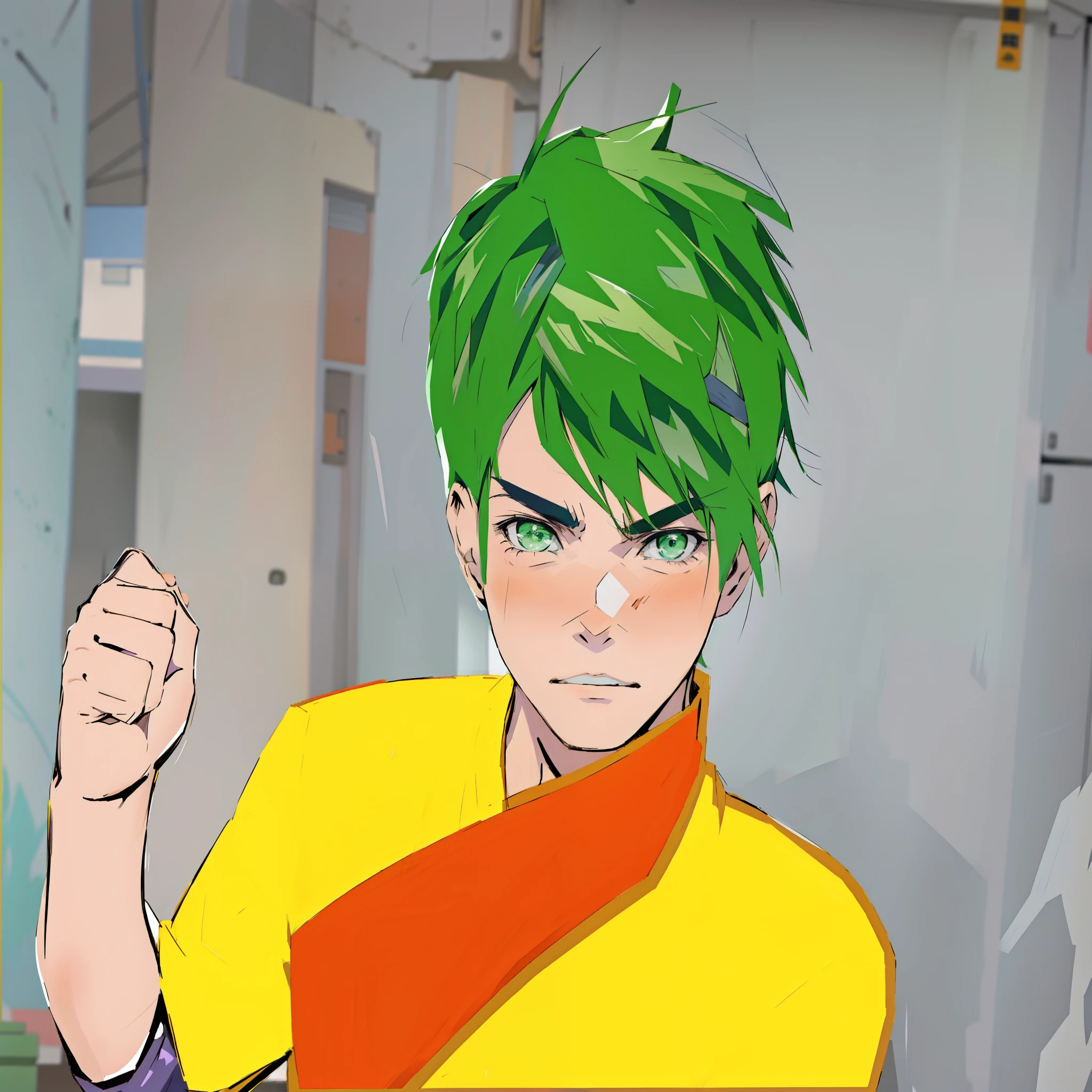 There is a drawing of a man with green hair and a purple shirt, estilo anime jojo, tono de pantalla coloreado, mirada enojado, En estilo anime, en un estilo anime, el bromista se parece a naruto, dibujado con photoshop, Parecer enojado, en estilo manga, epic comic style, mirada enojadaing, angry and pointing, estilo anime 2d, pelo verde corto y despeinado, diferentes expresiones en la boca grita