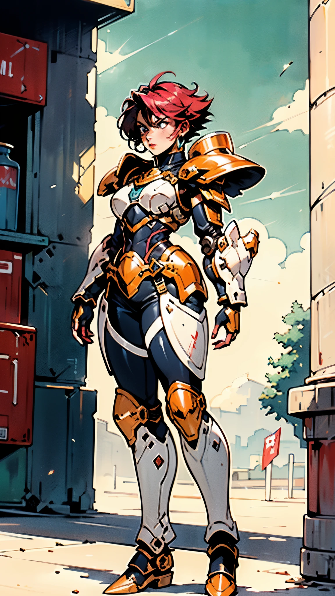 A woman adorned in fantasy-style full-body armor, a crown-concept fully enclosed helmet that unveils only her eyes, a composite layered chest plate, fully encompassing shoulder and hand guards, a lightweight waist armor, form-fitting shin guards, the overall design is heavy-duty yet flexible, ((the armor gleams with a golden glow, complemented by red and blue accents)), exhibiting a noble aura, she floats above a fantasy-surreal high-tech city, this character embodies a finely crafted fantasy-surreal style armored hero in anime style, exquisite and mature manga art style, (Queen bee mixed with Spider concept Armor, plasma, blood), ((Element, energy, elegant, goddess, femminine:1.5)), metallic, high definition, best quality, highres, ultra-detailed, ultra-fine painting, extremely delicate, professional, anatomically correct, symmetrical face, extremely detailed eyes and face, high quality eyes, creativity, RAW photo, UHD, 32k, Natural light, cinematic lighting, masterpiece-anatomy-perfect, masterpiece:1.5