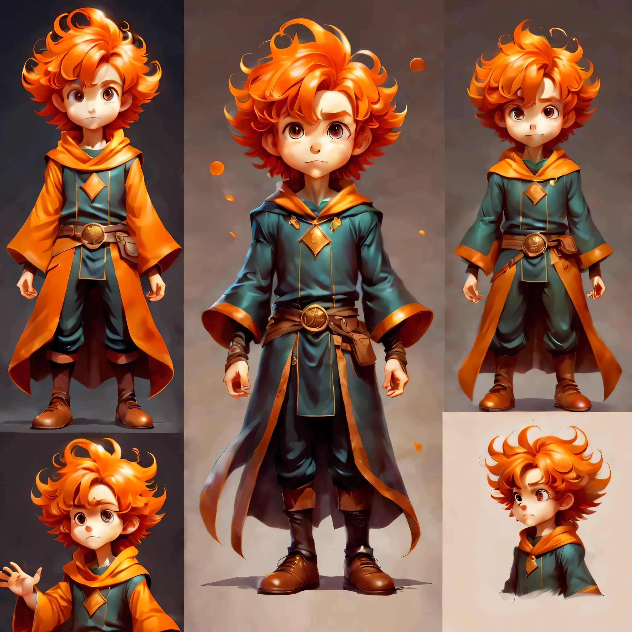 Create an original character design sheet,anime main character,boy,wizard,natural perm,orange hair,((3 views,whole body, background,multiple views,High resolution)),be familiar with,multiple views,Active,action pose,dynamic,nice,cute,masterpiece,highest quality,In detail,gracefully,sketch,sketch,ラフsketch,propose