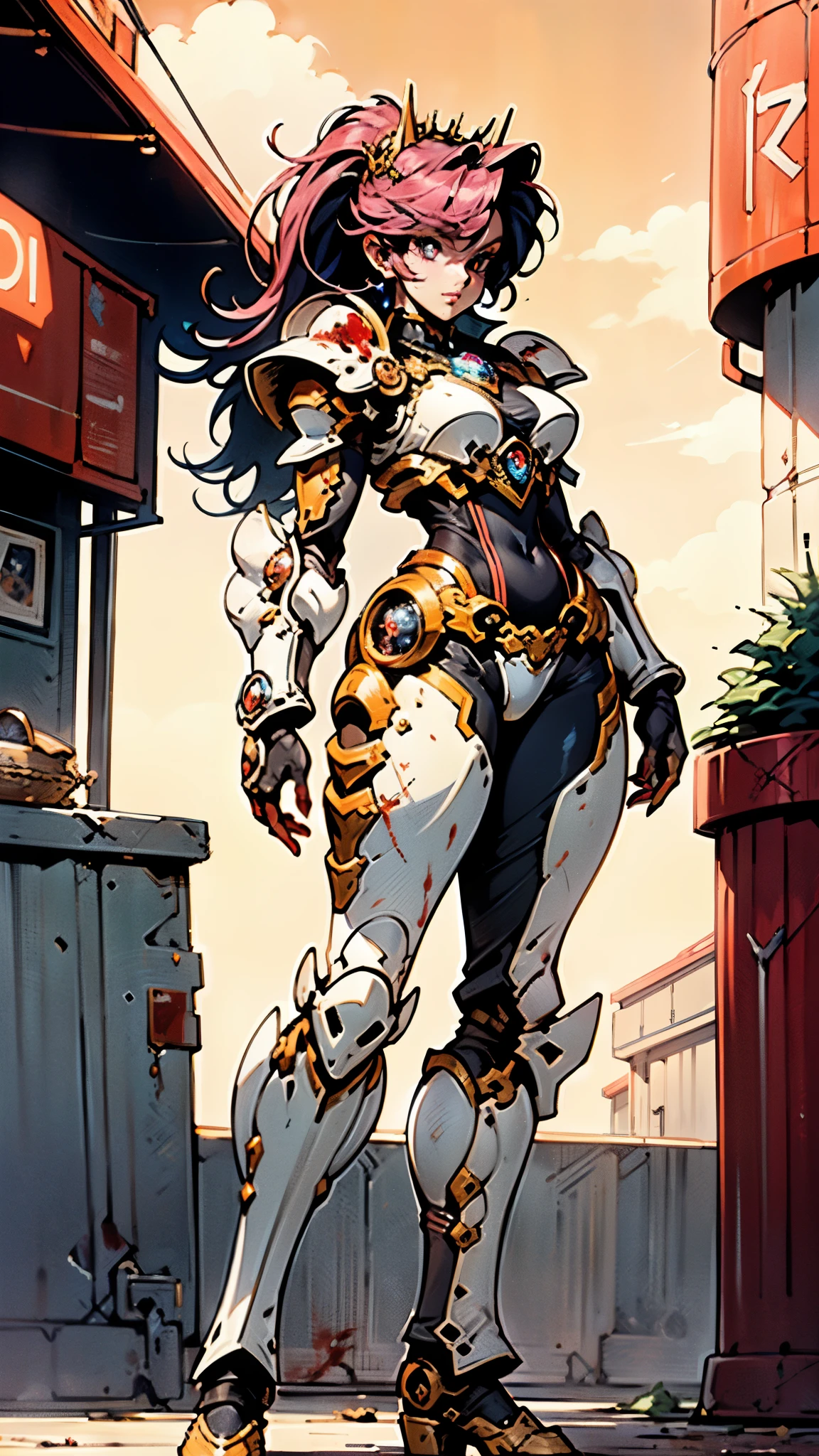 A woman adorned in fantasy-style full-body armor, a crown-concept fully enclosed helmet that unveils only her eyes, a composite layered chest plate, fully encompassing shoulder and hand guards, a lightweight waist armor, form-fitting shin guards, the overall design is heavy-duty yet flexible, ((the armor gleams with a golden glow, complemented by red and blue accents)), exhibiting a noble aura, she floats above a fantasy-surreal high-tech city, this character embodies a finely crafted fantasy-surreal style armored hero in anime style, exquisite and mature manga art style, (Queen bee mixed with Spider concept Armor, plasma, blood), ((Element, energy, elegant, goddess, femminine:1.5)), metallic, high definition, best quality, highres, ultra-detailed, ultra-fine painting, extremely delicate, professional, anatomically correct, symmetrical face, extremely detailed eyes and face, high quality eyes, creativity, RAW photo, UHD, 32k, Natural light, cinematic lighting, masterpiece-anatomy-perfect, masterpiece:1.5