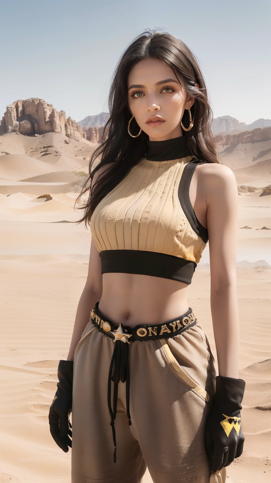 (Sunny day), black long fluffy hair, yellow eyes, look chic (crop top, gloves, sweatpants), at the desert, dusty clothing, (mountains, desert sandy, desert background, rocks. Sand), (realistic:1.2), (masterpiece:1.2), ((Cowboy-shot:1.2), dark romantic lighting, (highly detailed:1.2),(detailed face:1.2), (gradients), colorful, detailed eyes, (natural lighting:1.2), solo, pale skin