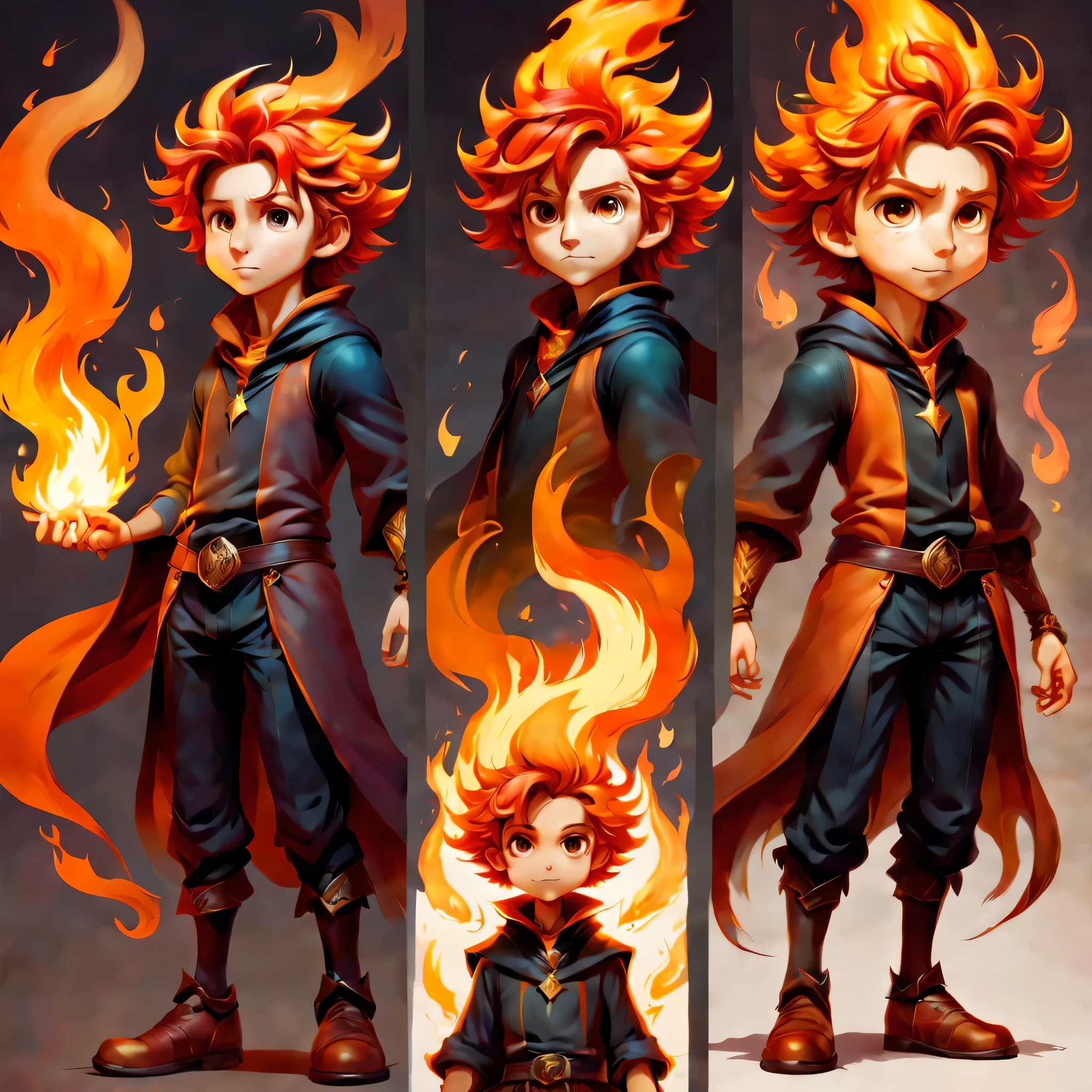 Create an original character design sheet,anime main character,boy,wizard,natural perm,flame colored hair,((3 views,whole body, background,multiple views,High resolution)),be familiar with,multiple views,Active,action pose,dynamic,nice,cute,masterpiece,highest quality,In detail,gracefully,sketch,sketch,ラフsketch,propose