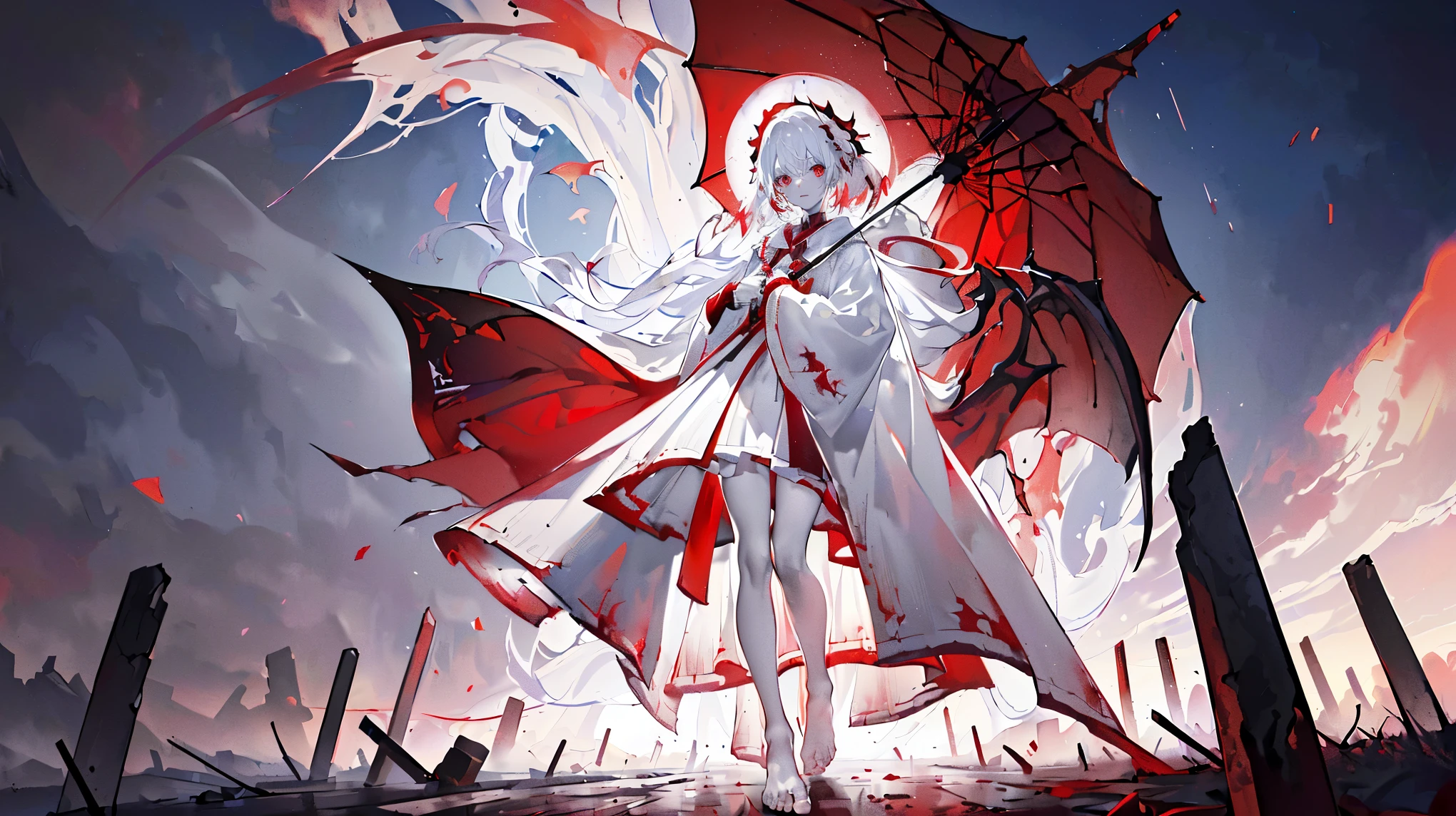 (super detailed)),((illustration)),((masterpiece)),(((need))),((beautifully、最高品质 CG Unity 8K 壁纸masterpiece),((4k,masterpiece,best quality)),Woman with long white hair,red eye,vampire,Covered with scars,Hands and feet are chained,collar,,There are bats flying around,barefoot,leg rings,pure white robe,pure white hood,Rain of blood,blood red sky,Big Sun,There is blood on the face,Clothes are stained red with blood,Red and white umbrella,a shadow,Ancient and spooky church,Standing above the ruins,Underfoot is a pool of red blood,doomsday scene