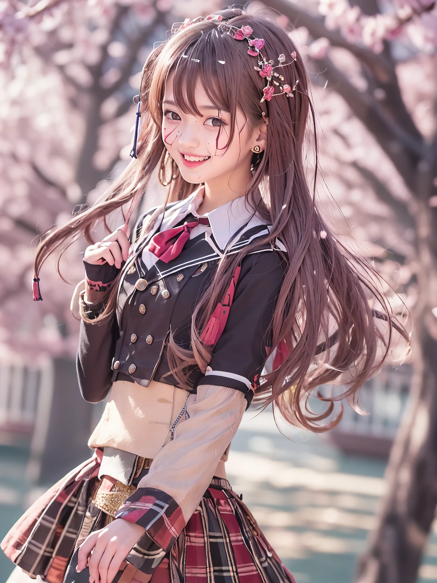 8k, RAW photo, top quality, masterpiece, realistic, photorealistic, clear, professional lighting, beautiful face, top quality, super high resolution
break
super realistic photos,
(A very happy smile:1.5)(He happily sings a congratulatory song to his friends who are also graduating: 1.5) (Singing while dancing: 1.3)(Full body, :1.3)BREAK (In front of a large cherry tree in full bloom on the school grounds: 1.4)long shot,
18-year-old Japanese woman, straight long hair, black or light brown hair, light makeup, AKB48-inspired costume, ribbons, frills, small earrings, , warm color tones, vivid costume colors, , confetti, ,,BREAK (Japanese high school girl uniform style idol costume, stylish and cute design, :1.4)(cheerful:1.5),(Complex and cute hair arrangements and corsages) (tartan pattern,)